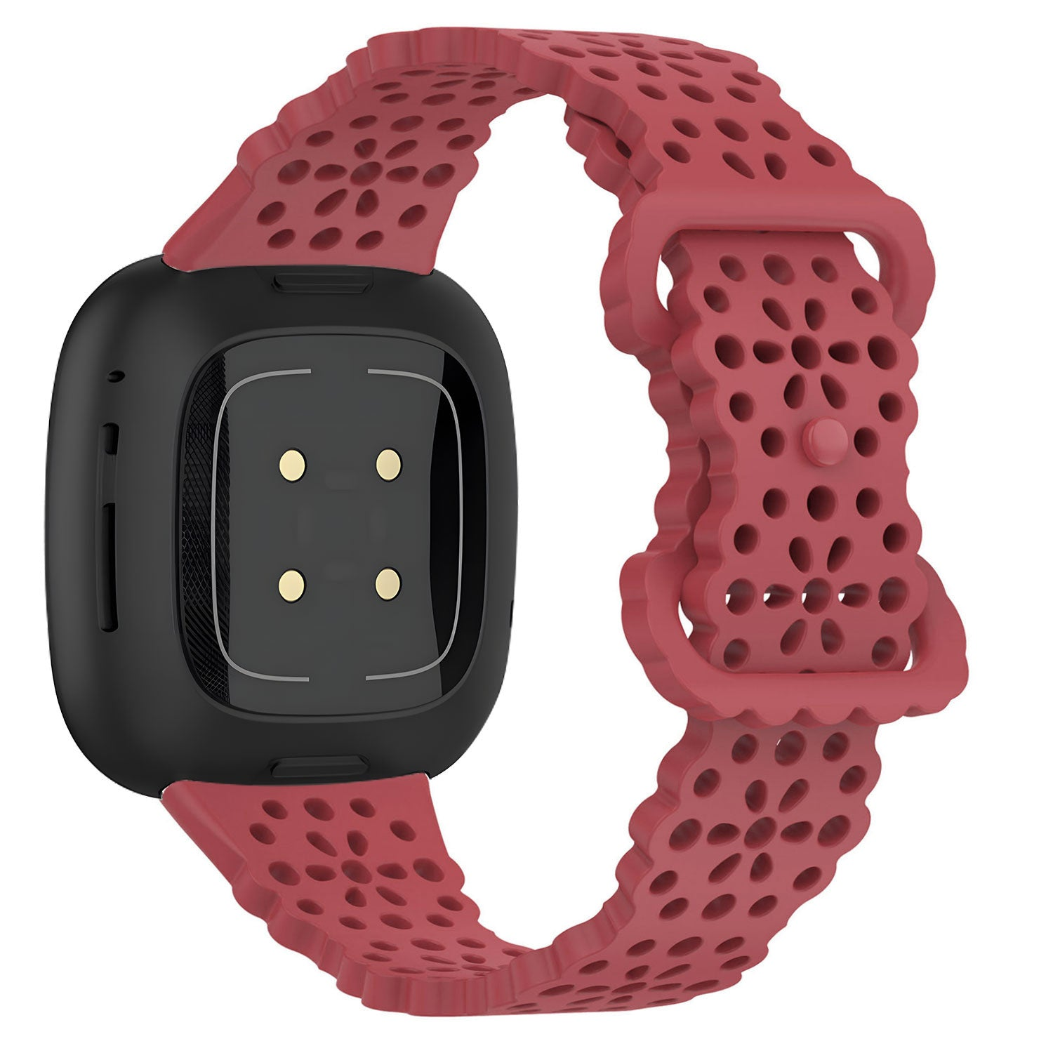 Eine schwarze Smartwatch mit rotem, perforiertem Armband. Das Zifferblatt ist schwarz mit goldenen Punkten. Das Armband ist mit der Uhr verbunden.