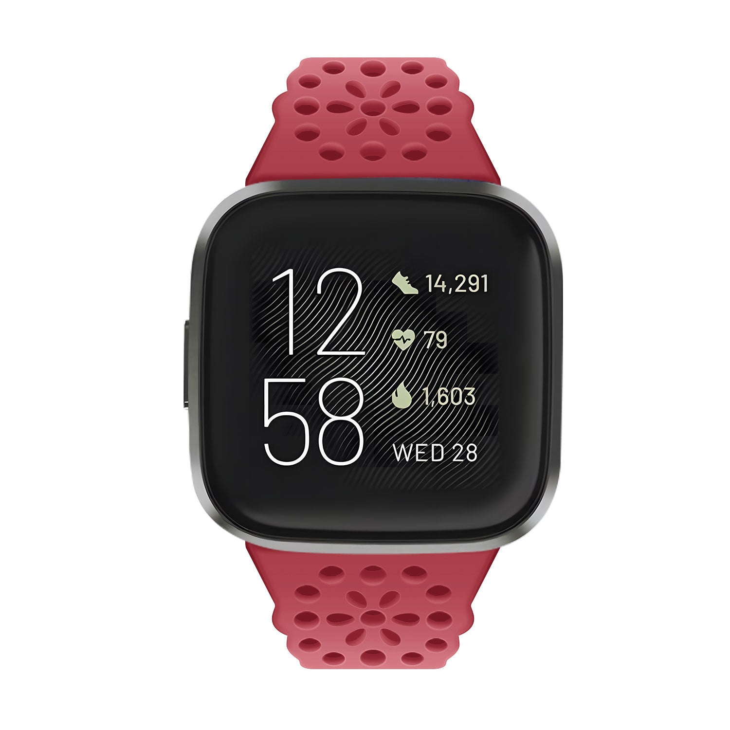 Gezeigt wird eine Smartwatch mit rotem Armband. Der Bildschirm zeigt Zeit, Schritte, Herzfrequenz und Datum an.