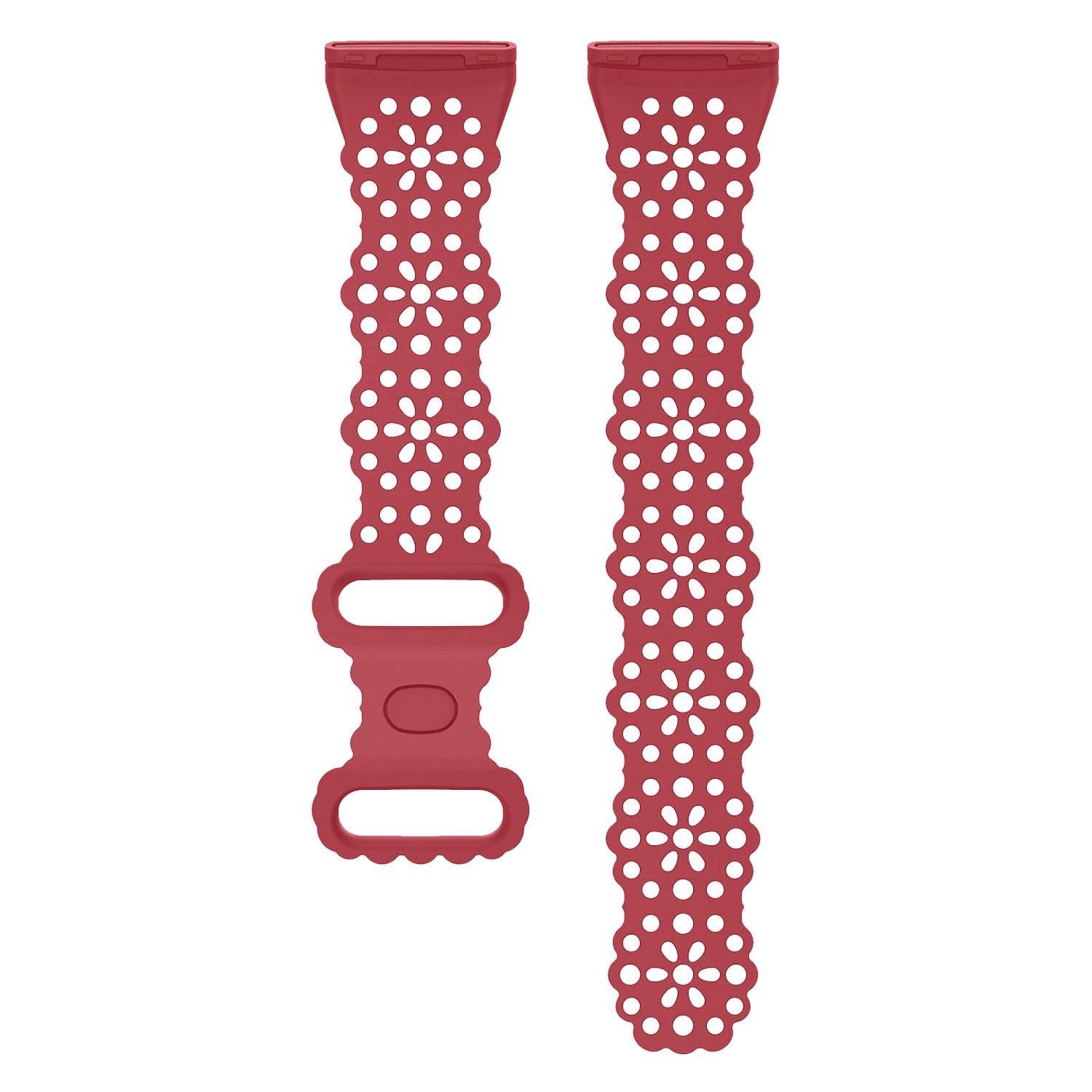 Zwei rote Uhrenarmbänder mit blütenförmigen Aussparungen. Ein Armband hat eine Schnalle. Weißer Hintergrund.