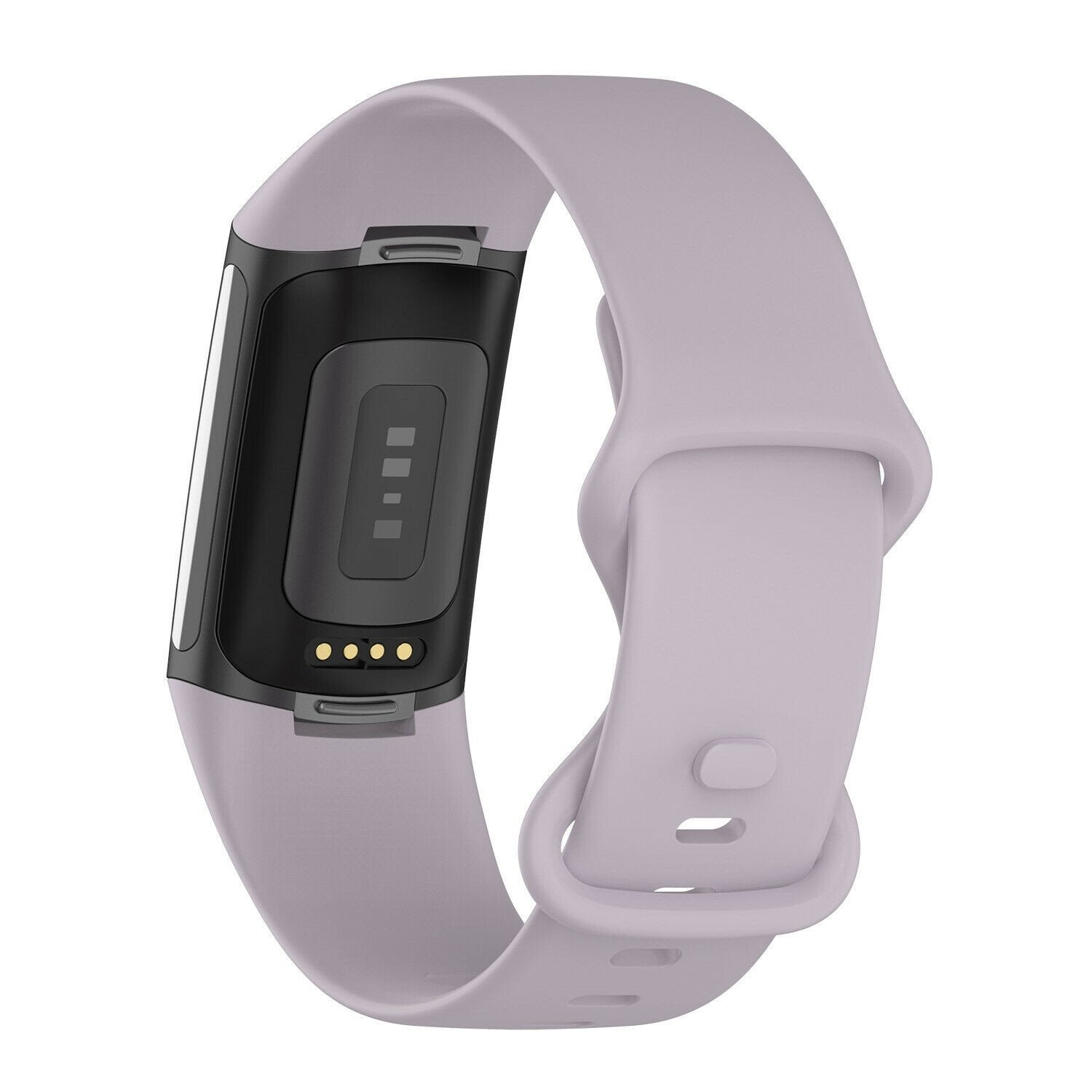 Ein helllila Fitness-Tracker mit schwarzem Display. Das Band ist geschlungen. Der Tracker hat ein Display und Ladepunkte.