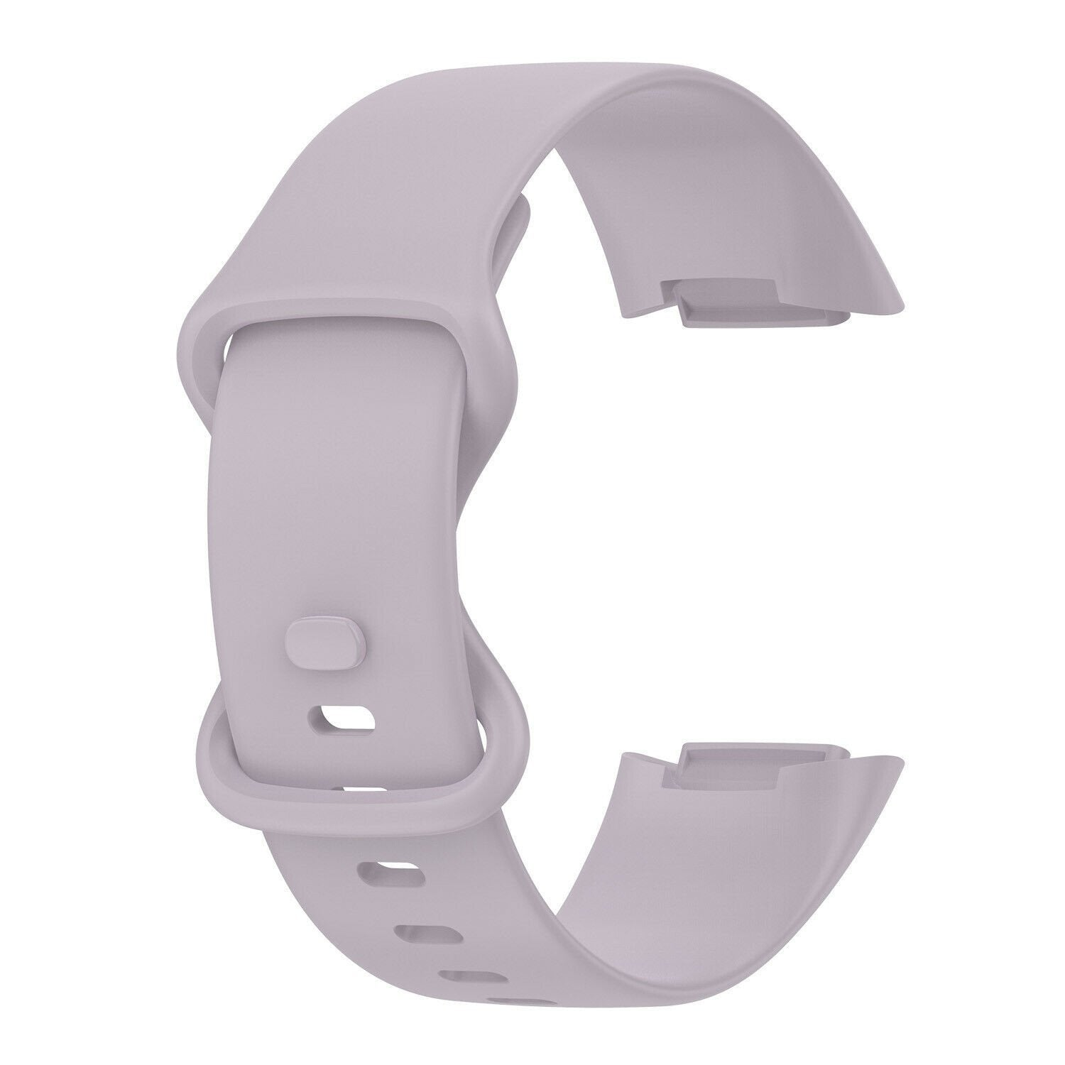 Ein hellviolettes Armband für eine Smartwatch. Es ist gebogen mit einer Schlaufe und Löchern. Das Band hat zwei Enden, eines mit einem Verschluss.