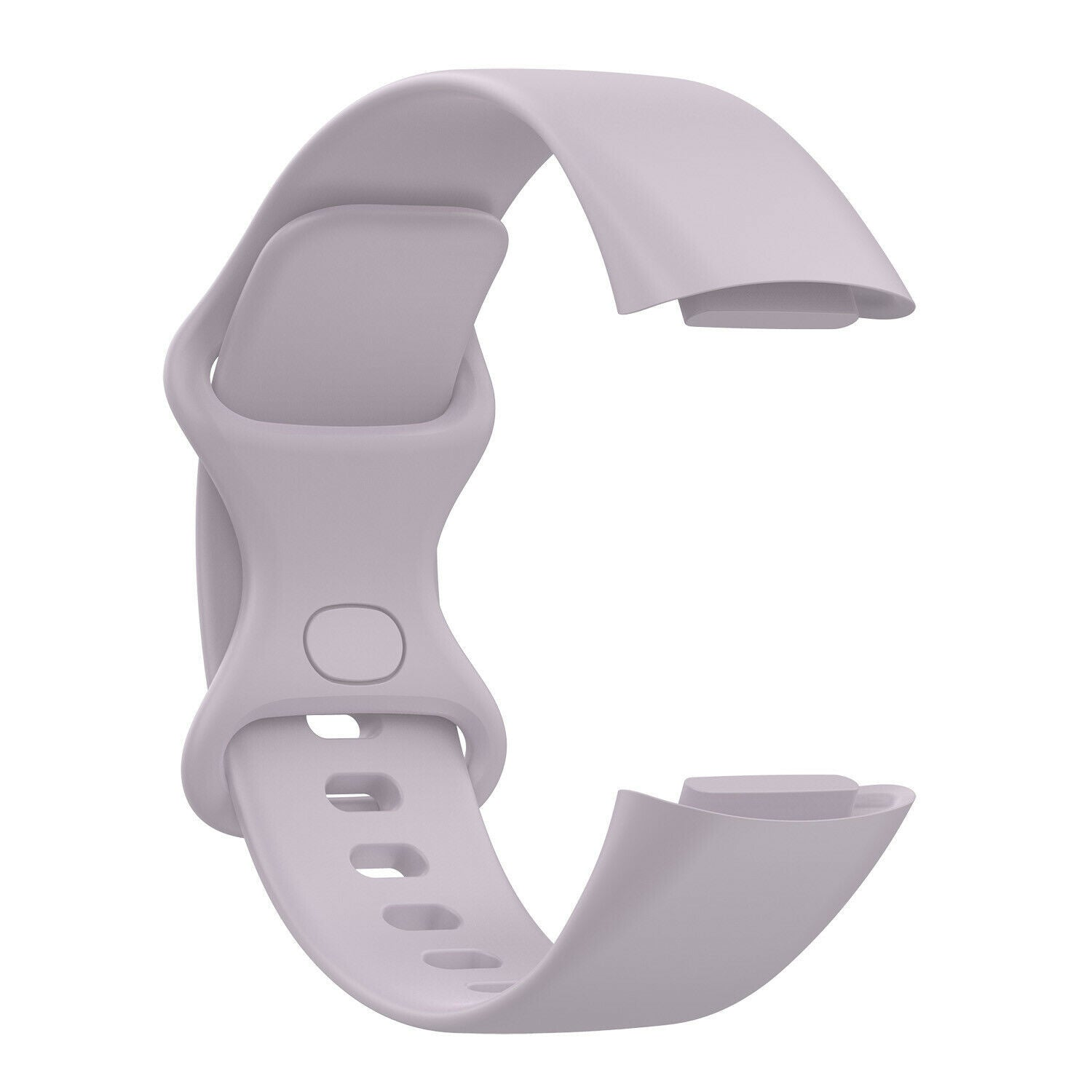 Ein hellviolettes Uhrenarmband, gebogen und mit Löchern zur Anpassung. Es hat ein schnallenähnliches Design und ist auf weißem Hintergrund isoliert.