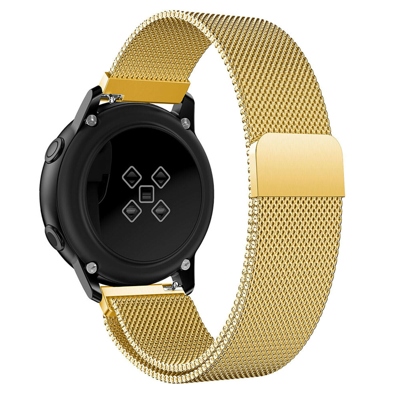 Schwarze Smartwatch mit goldenem Mesh-Armband, Verschluss und Rahmen. Die Uhr befindet sich auf weißem Hintergrund.