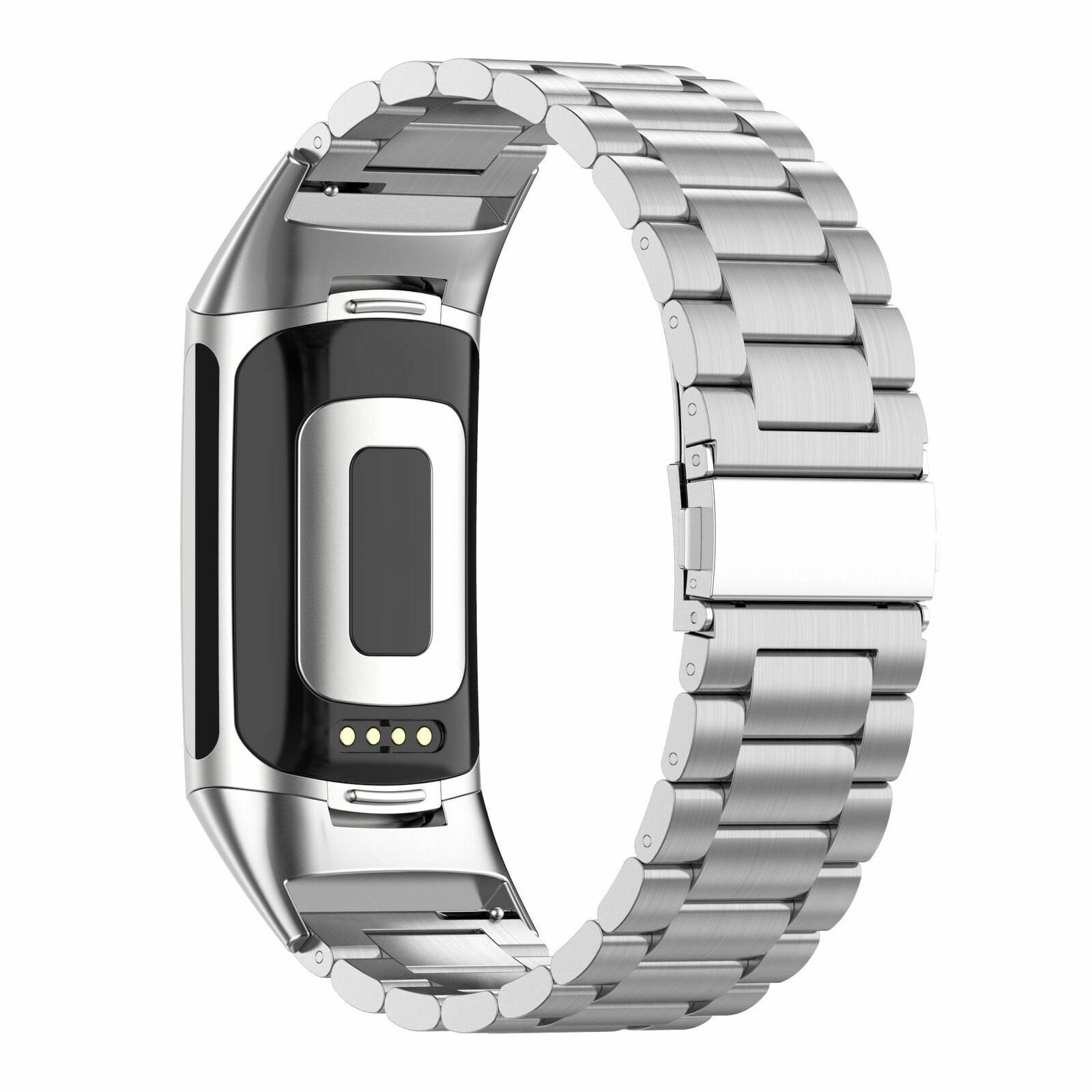 Eine silberne Smartwatch mit schwarzem Bildschirm und Metallband, vor weißem Hintergrund.