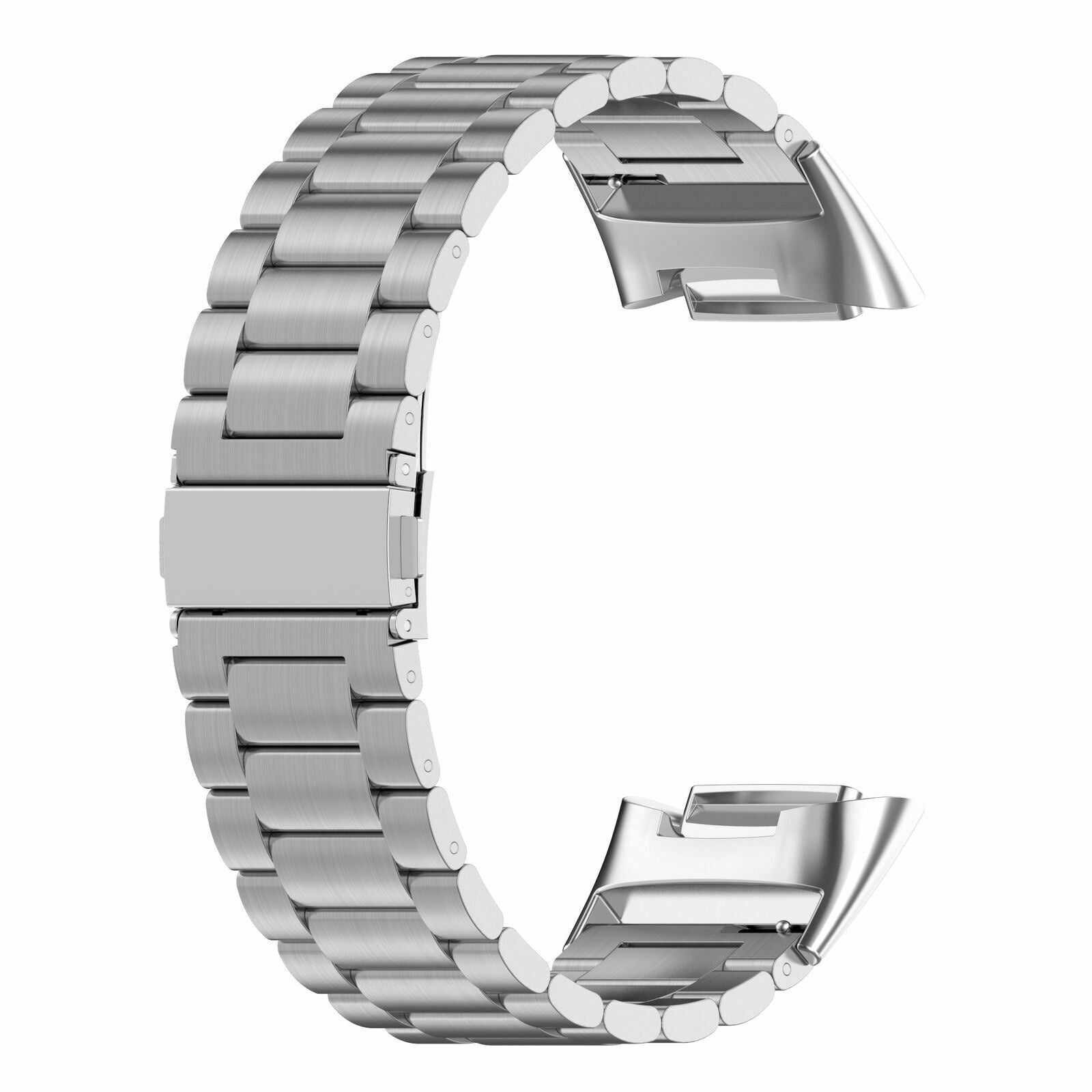 Ein silbernes Metall-Uhrenarmband. Das Armband hat eine C-Form vor weißem Hintergrund. Das Band ist verbunden.
