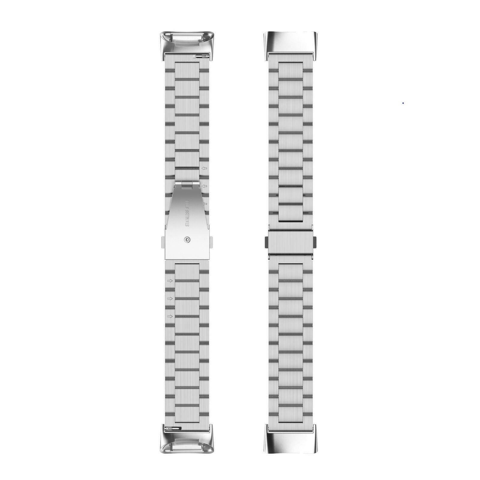 Zwei silberne Uhrenarmbänder werden vertikal angezeigt. Jeder Riemen besteht aus rechteckigen Metallgliedern. Der Hintergrund ist weiß.