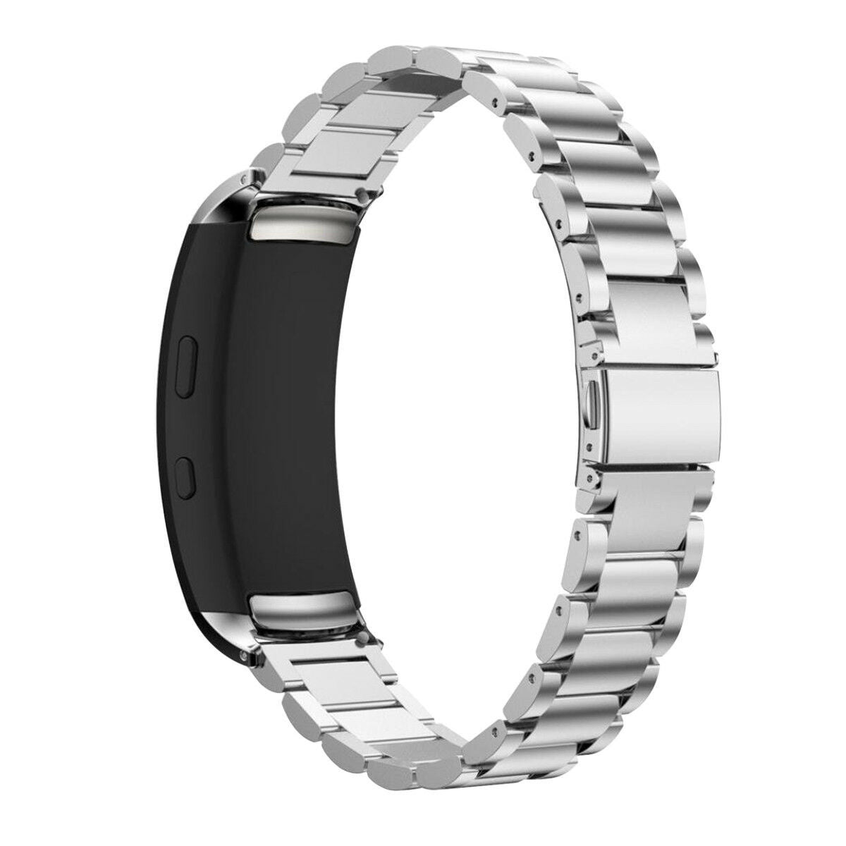 Ein silbernes Metall-Uhrenarmband mit einem schwarzen Zifferblatt. Das Armband besteht aus verbundenen Segmenten. Das Zifferblatt hat zwei kleine runde Knöpfe.