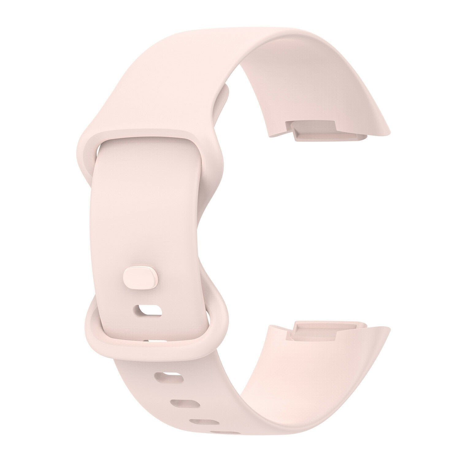 Ein hellrosa Uhrenarmband ist C-förmig gebogen. Das Band hat einen Verschluss und mehrere Löcher. Der Hintergrund ist weiß.