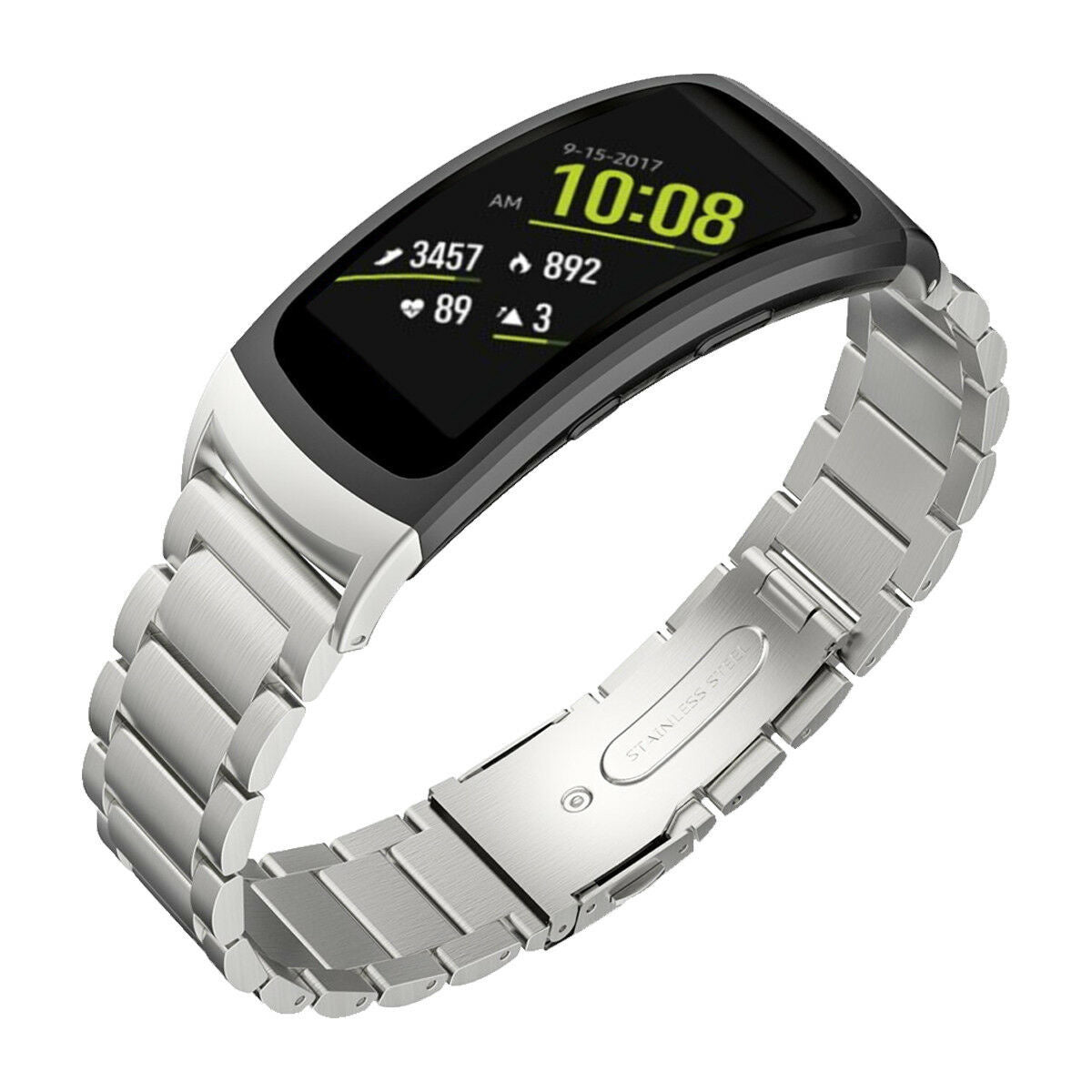 Eine silberne Smartwatch mit schwarzem Bildschirm zeigt Zeit und Fitnessdaten an. Die Uhr hat ein Edelstahlarmband.