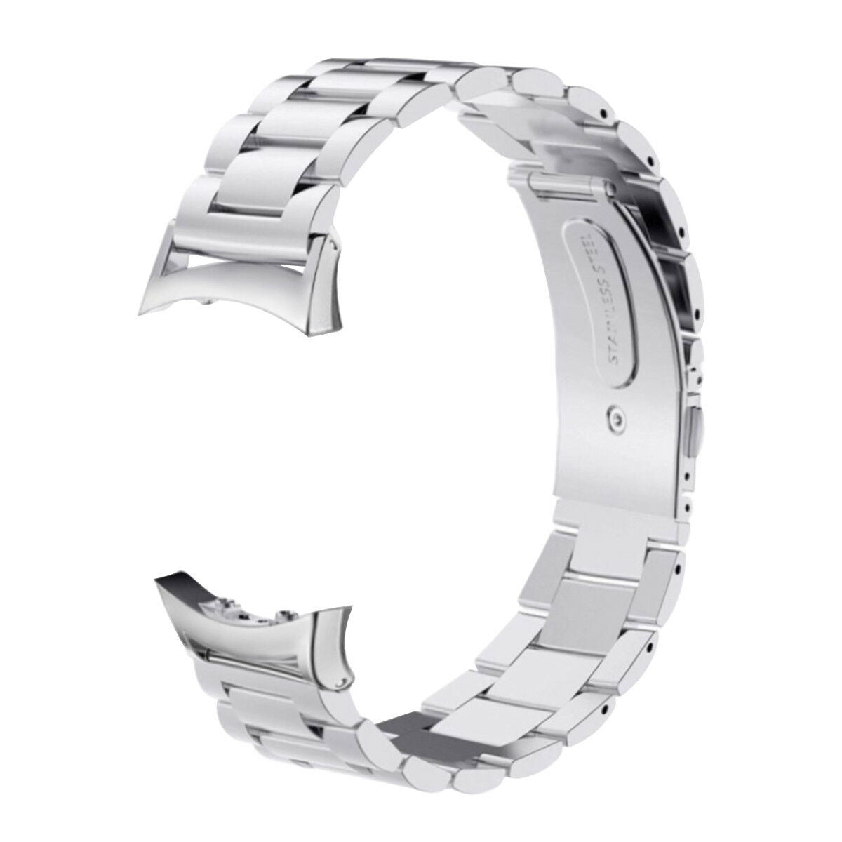 Ein silbernes Edelstahl-Armband, gebogen. Das Armband besteht aus verbundenen rechteckigen Gliedern, mit einem Verschluss und der Aufschrift 'STAINLESS STEEL'.