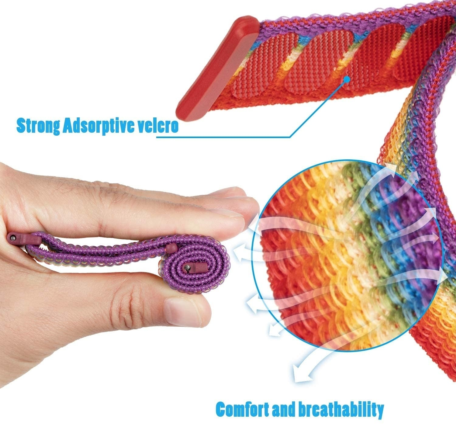 Eine Hand hält einen gerollten lila Riemen. Ein Regenbogenriemen mit starkem Klettverschluss wird gezeigt. Das Bild hebt Komfort und Atmungsaktivität hervor.
