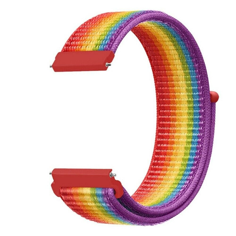 Ein Uhrenarmband in Regenbogenfarben mit roten Anschlüssen an beiden Enden. Das Band ist eine Schleife, wobei die Farben des Regenbogens sichtbar sind.