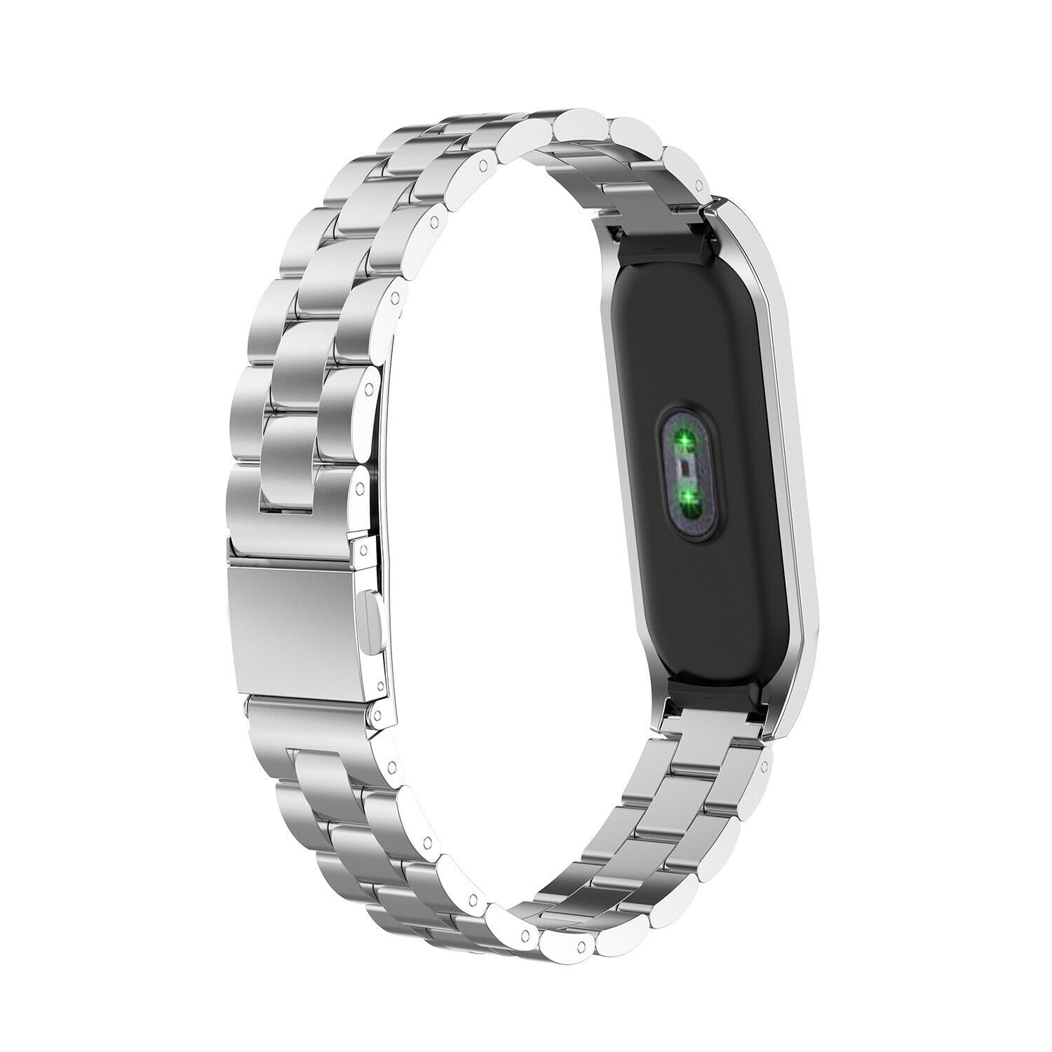 Ein silbernes Smartwatch-Armband mit schwarzem Display. Das Armband besteht aus verbundenen Metallgliedern. Das Display zeigt grüne Lichter.