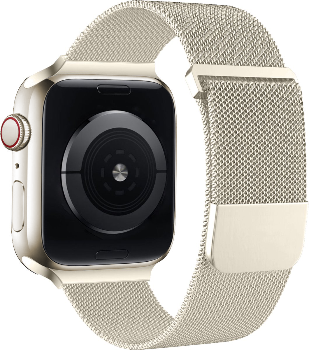 Eine silberne Apple Watch mit einem Mesh-Armband. Das Zifferblatt ist schwarz. Das Armband wird mit einem Magnetverschluss befestigt.