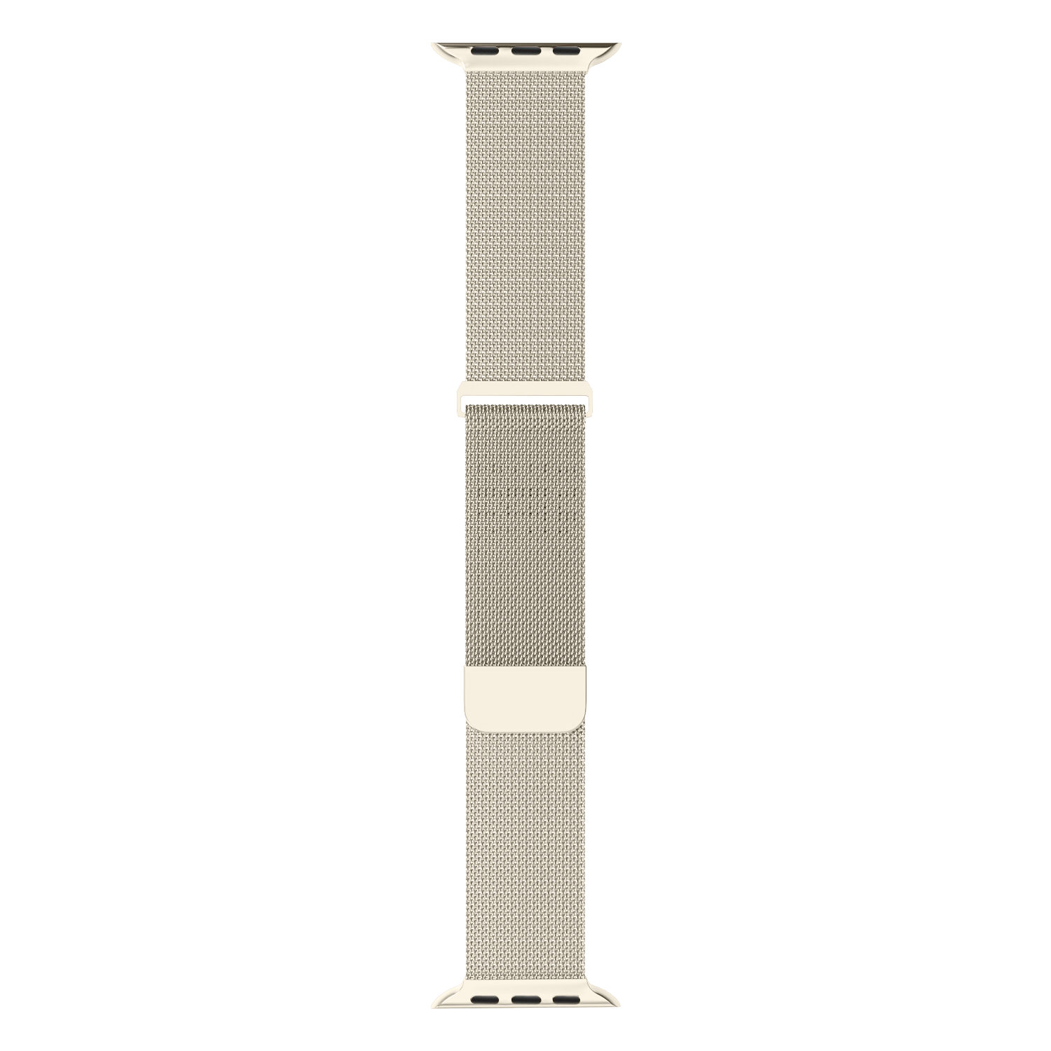 Ein beiges Apple Watch-Armband liegt vertikal. Das Band besteht aus gewebtem Mesh-Material. Der Hintergrund ist schwarz.