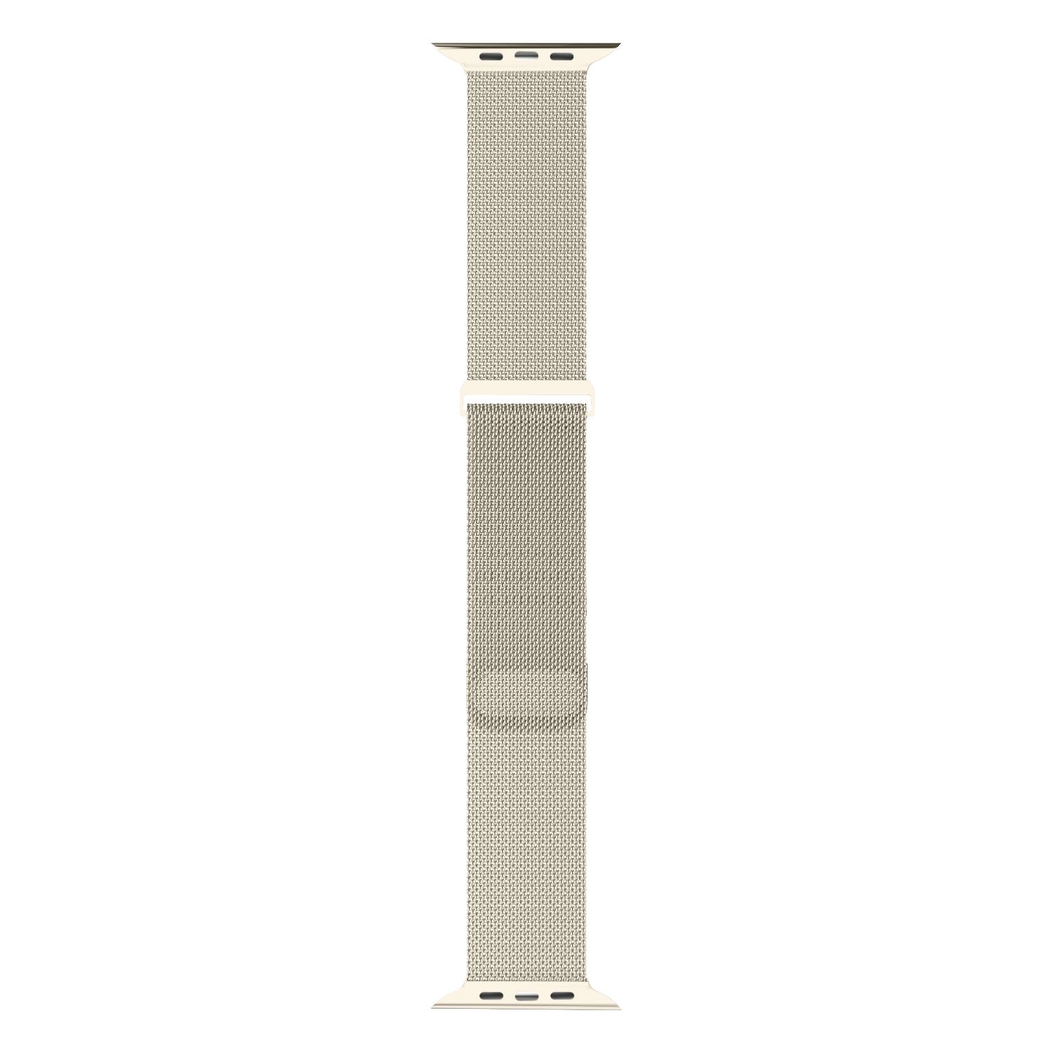 Ein cremefarbenes Uhrenarmband. Das Band hat in der Mitte eine gewebte Textur mit einem cremefarbenen Rahmen. Die Enden haben kleine schwarze Details.