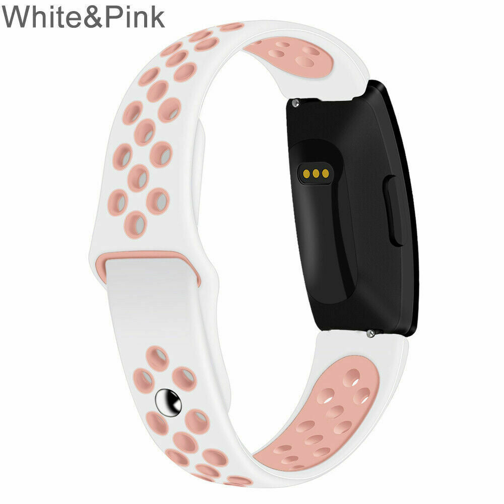 Ein weißes und rosa Smartwatch-Armband. Das Armband ist weiß mit rosa Akzenten und Löchern. Das Zifferblatt ist schwarz mit drei gelben Punkten.
