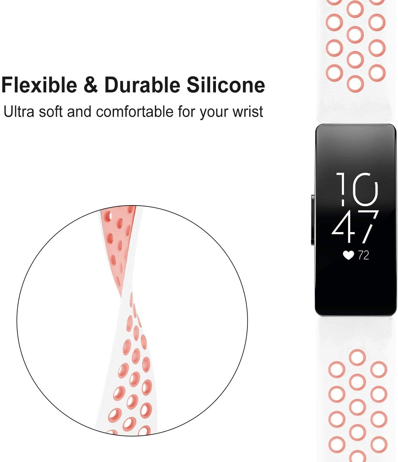Eine Smartwatch mit einem flexiblen, gepunkteten Armband und einem Bildschirm, der die Uhrzeit anzeigt. Der Text lautet: 'Flexible & Durable Silicone'.