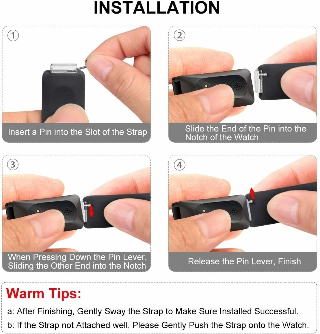 Installationsanleitung, die zeigt, wie man ein Armband mit einem Stift installiert. Schritte umfassen das Einsetzen, Schieben und Freigeben des Stifts.
