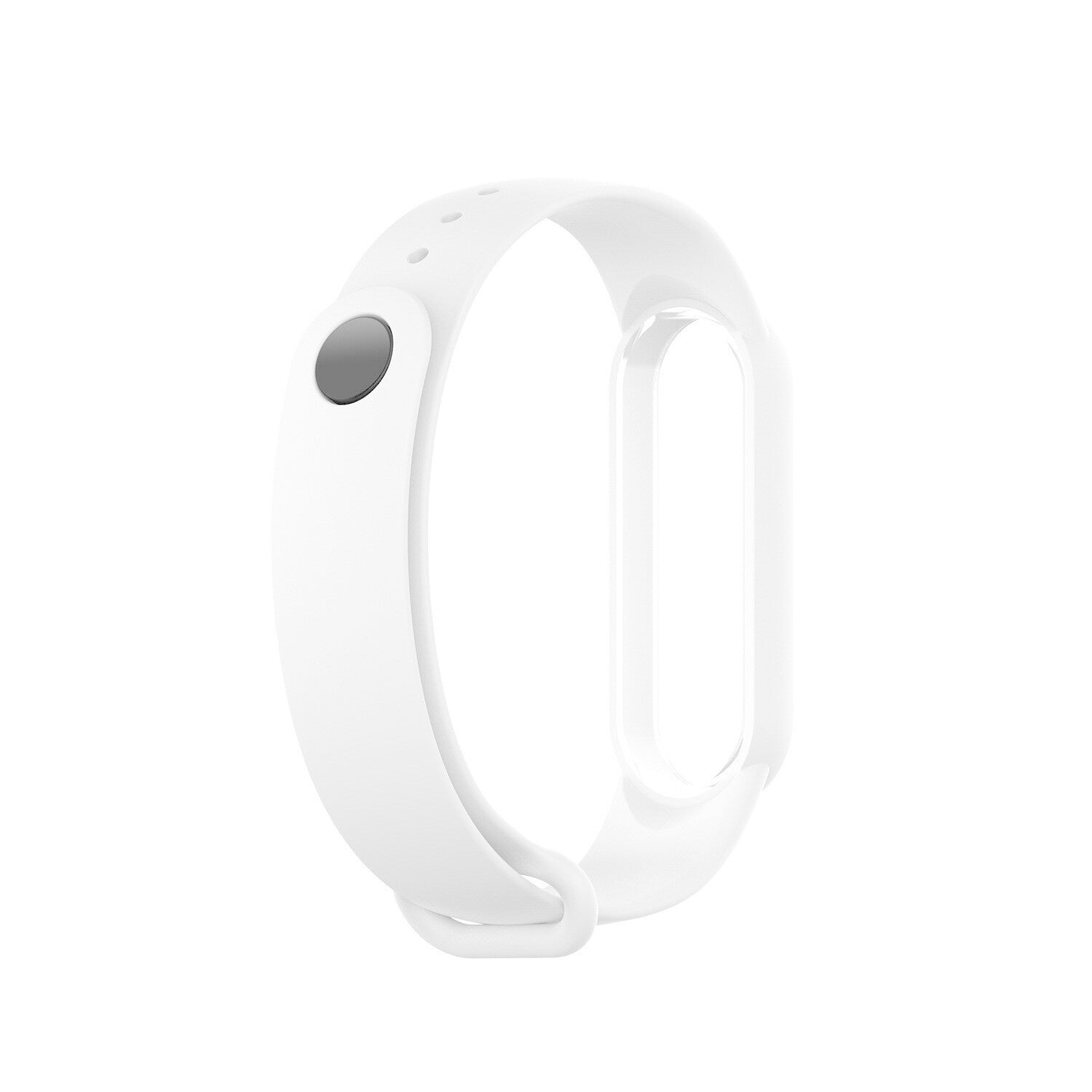 Ein weißes Smartwatch-Armband mit einem grauen Knopf ist auf weißem Hintergrund isoliert. Das Band ist eine geschlossene Schleife.