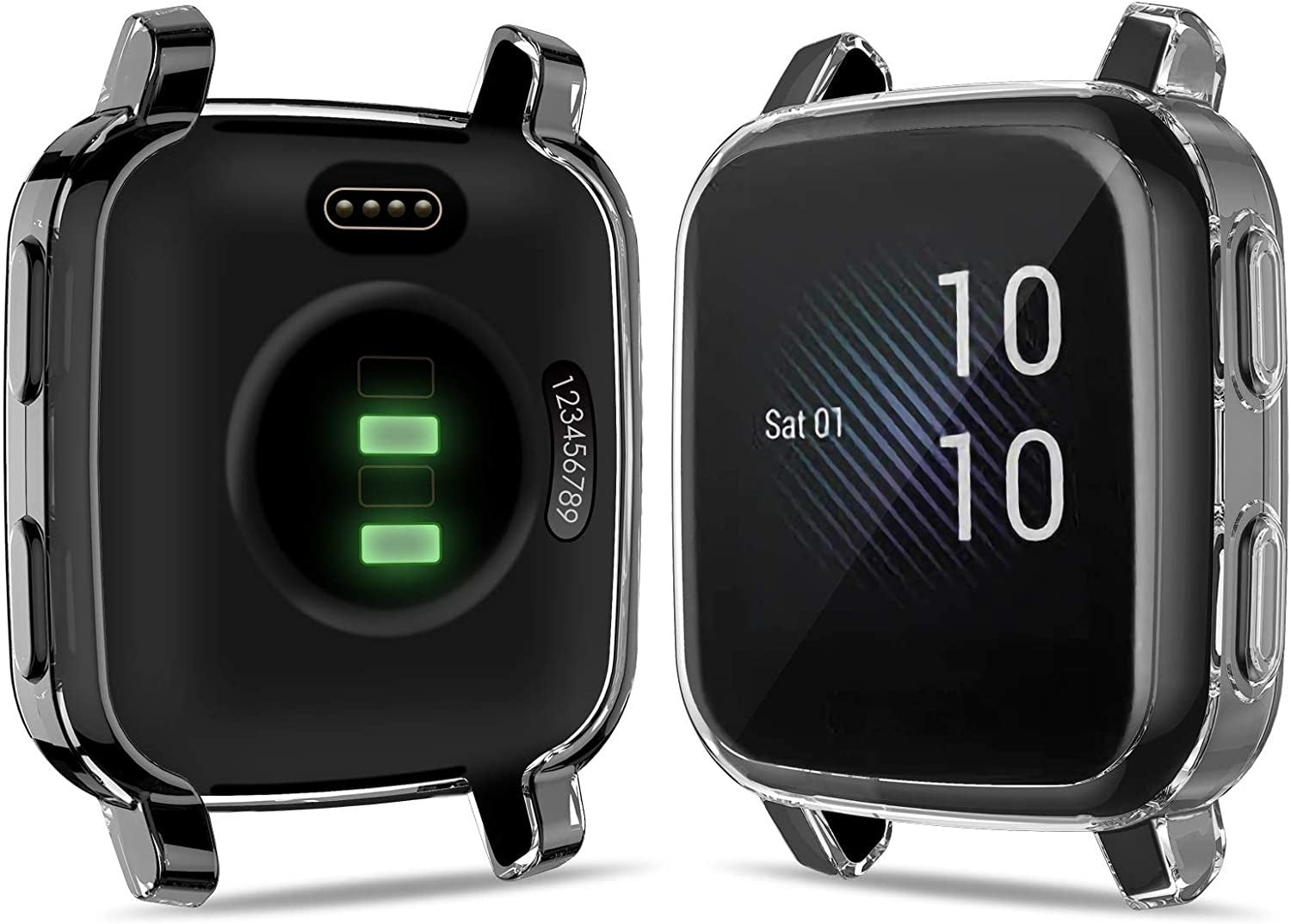 Zwei schwarze Smartwatches. Eine zeigt 10:10 Uhr, die andere hat grüne Lichter. Beide haben klare Schutzhüllen.