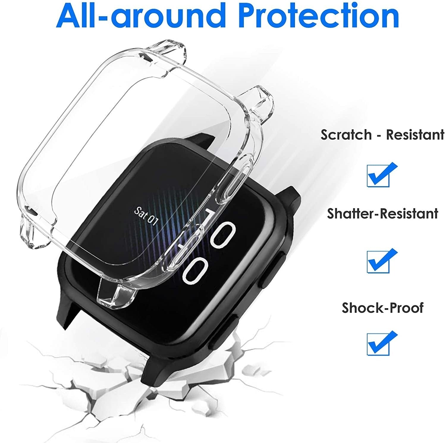 Eine Smartwatch mit Schutzhülle. Text enthält 'Rundumschutz', 'Kratzfest', 'Bruchfest' und 'Stoßfest'.