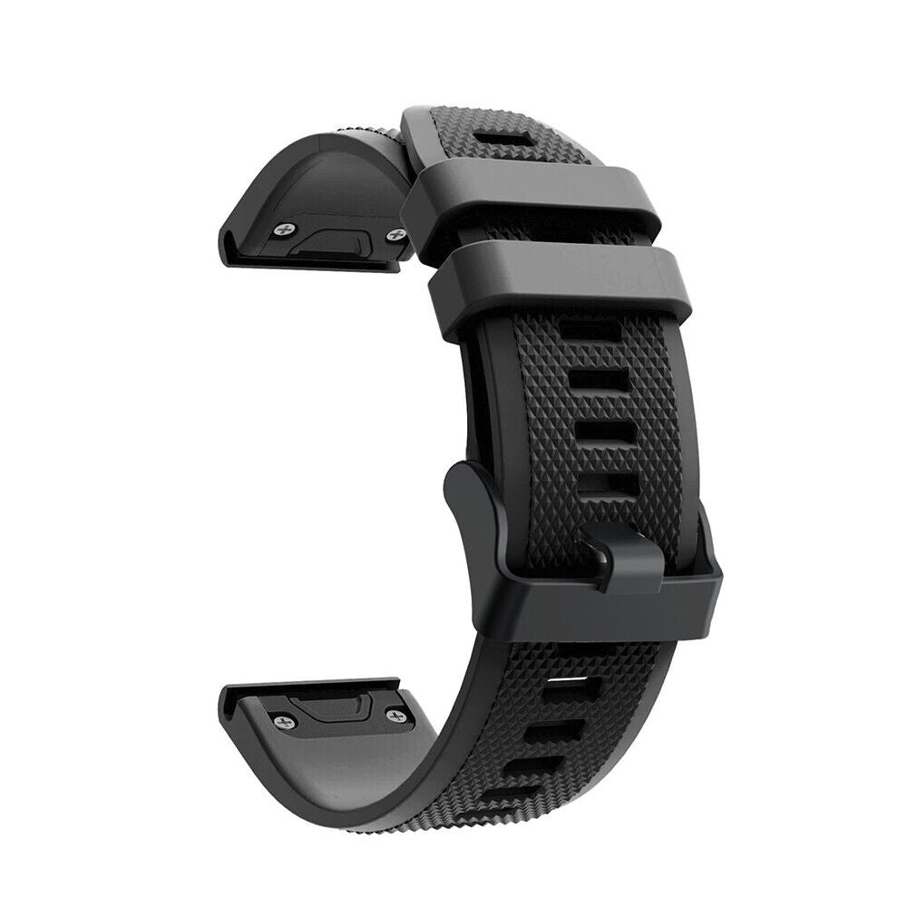 Ein schwarzes Armband, gebogen und strukturiert, mit Schnalle und Befestigungspunkten, vor weißem Hintergrund.