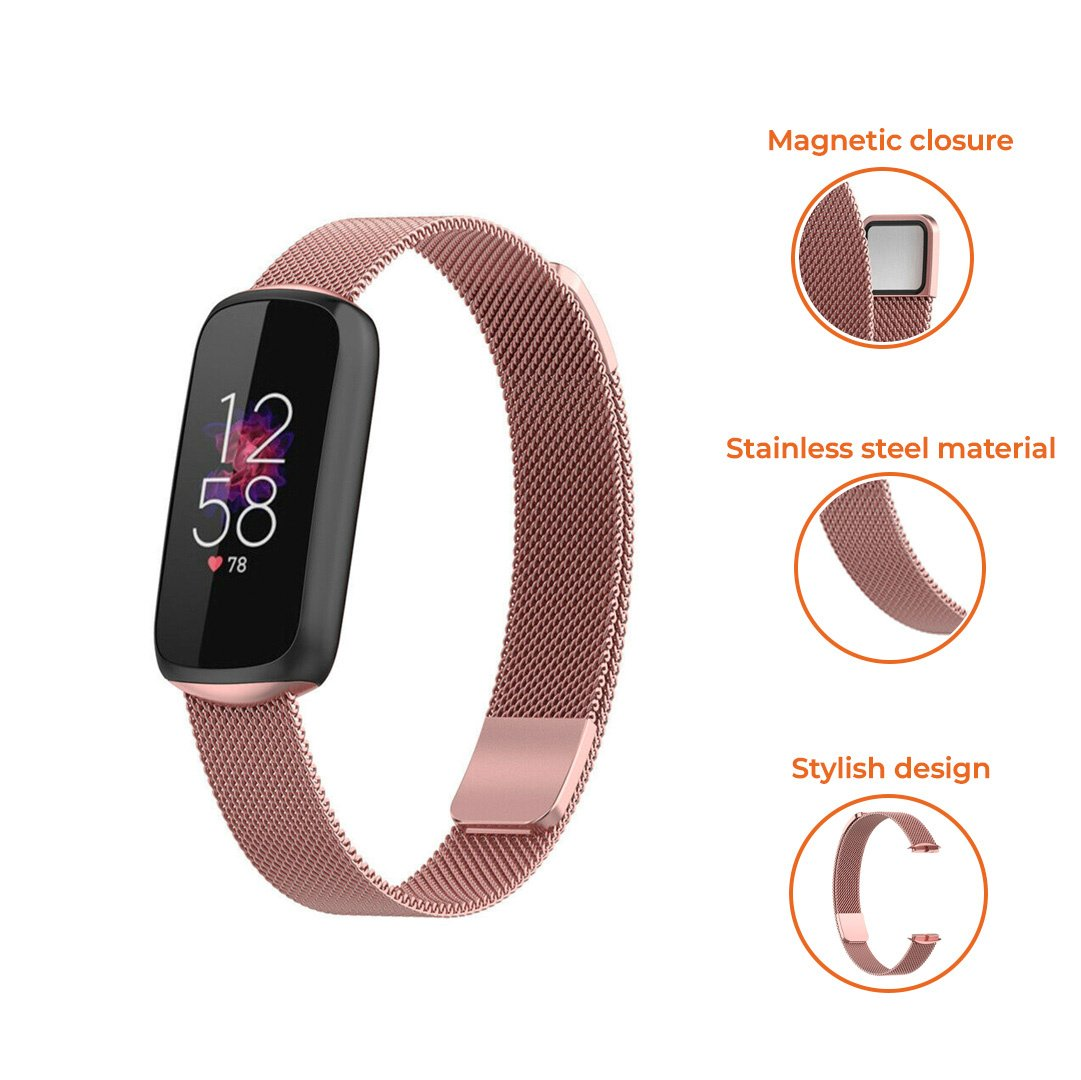Roségoldener Fitness-Tracker mit schwarzem Bildschirm, der die Zeit anzeigt. Edelstahlband mit Magnetverschluss und stilvollem Design.