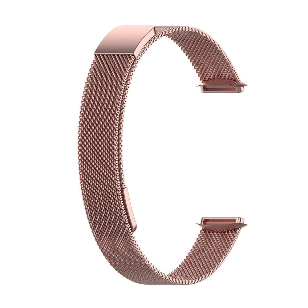 Ein roségoldenes Uhrenarmband ist C-förmig gebogen. Es hat ein Mesh-Design und zwei Metallverschlüsse. Der Hintergrund ist weiß.