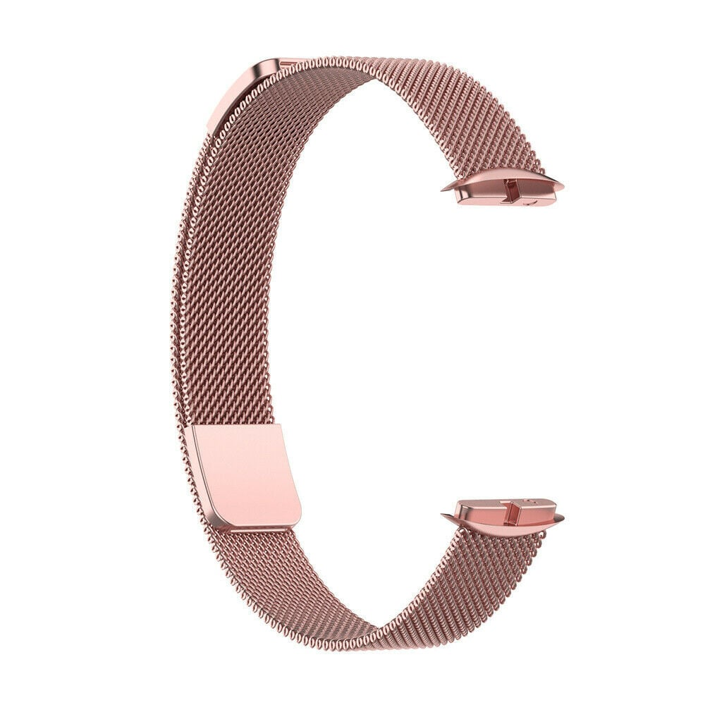 Ein roségoldenes Uhrenarmband. Das Armband besteht aus einem gewebten Netz und hat zwei Verschlüsse. Der Hintergrund ist weiß.