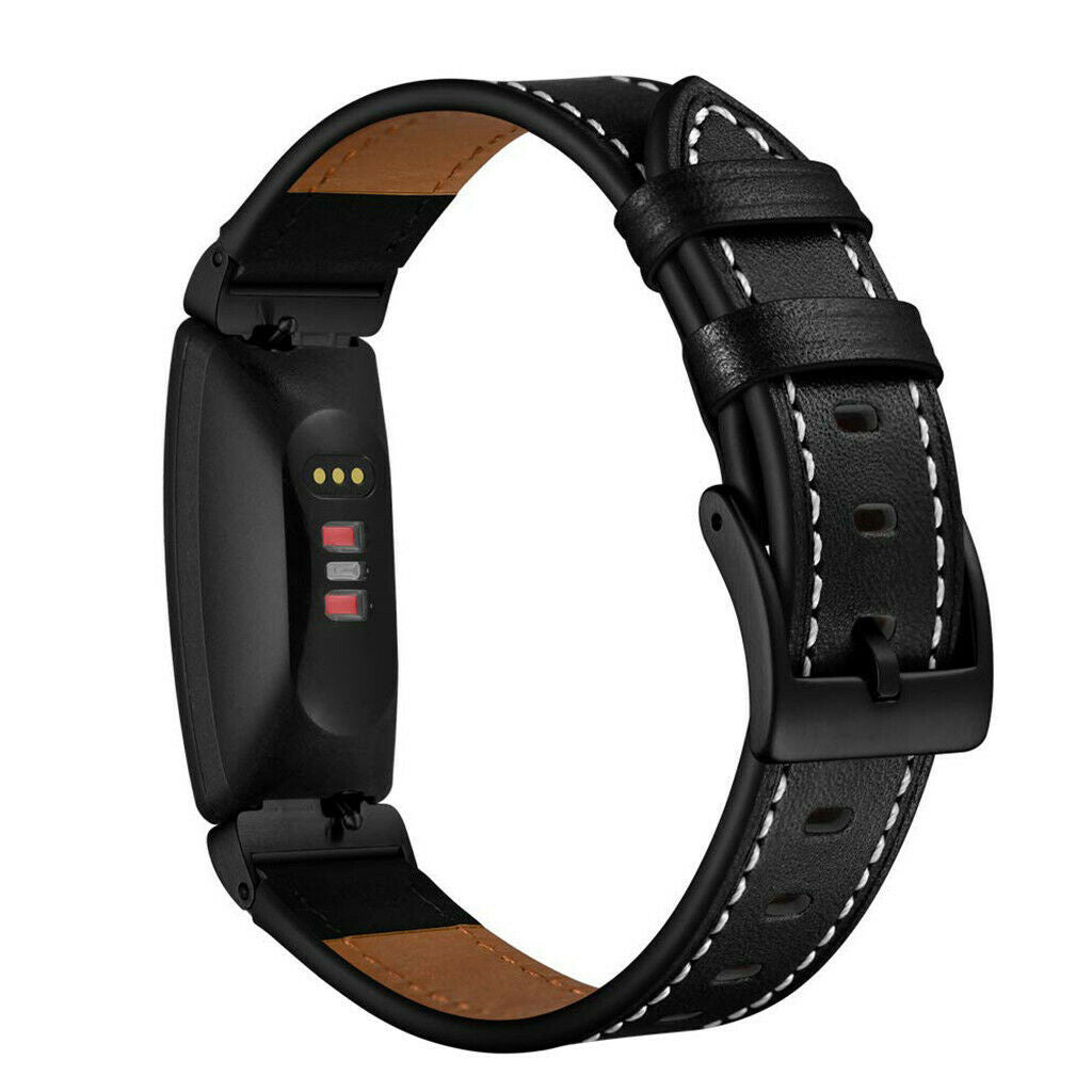 Schwarzes Smartwatch-Armband mit weißen Nähten. Braunes Leder innen. Schwarze Schließe und Zifferblatt mit Kontrollleuchten.