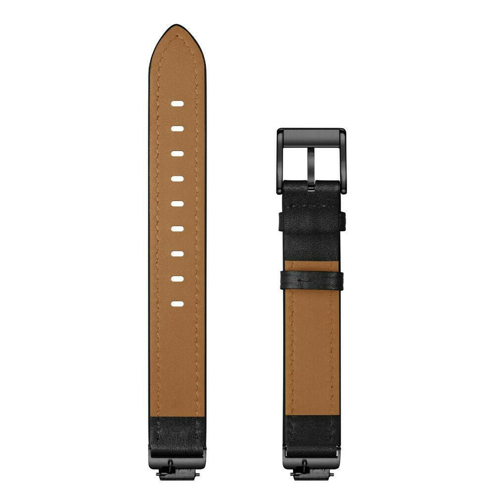 Zwei Uhrenarmbänder: eines mit Löchern, das andere mit einer Schnalle. Beide haben schwarze Metallbeschläge und braunes Leder innen.