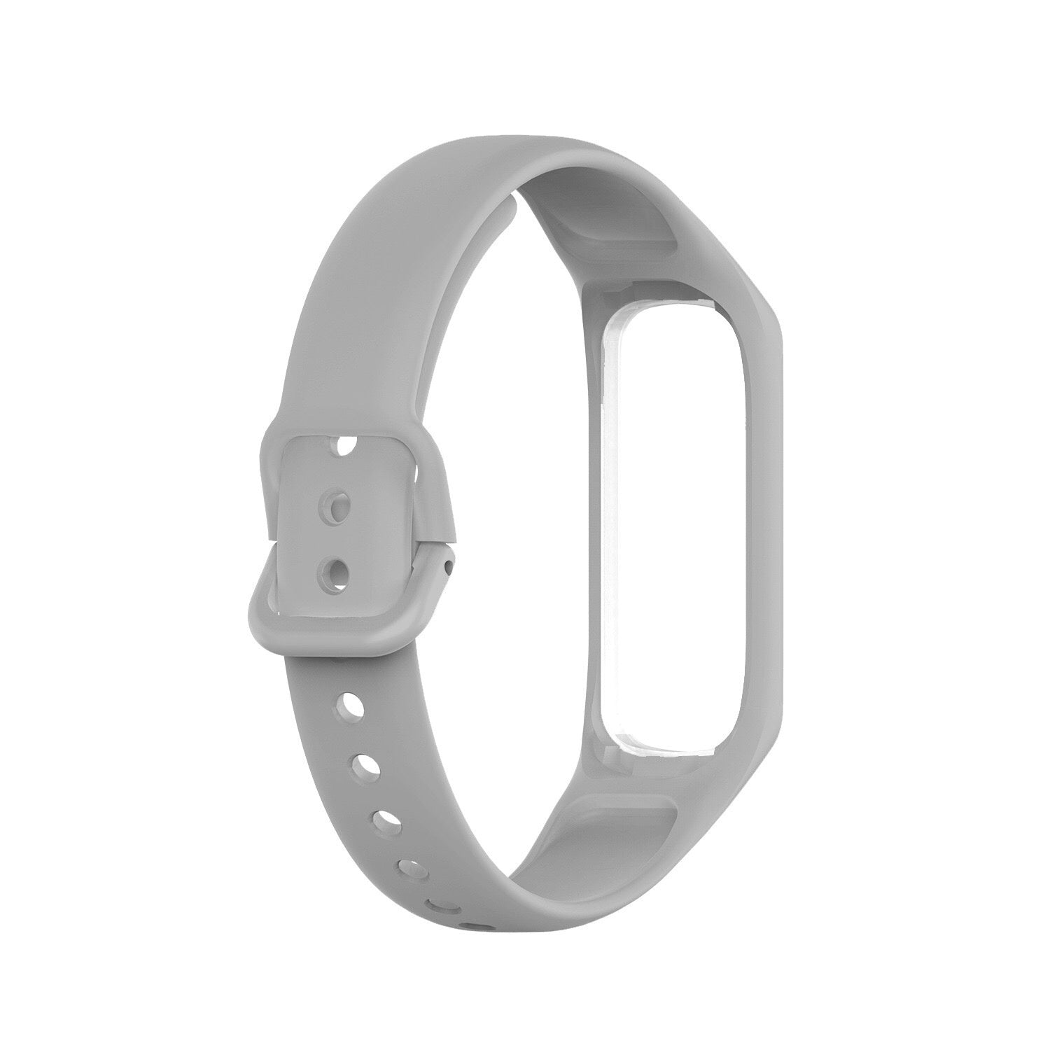Ein hellgraues Uhrenarmband mit Schnalle. Das Band hat Löcher zur Größenanpassung. Der Uhrenhalter ist auf der anderen Seite.