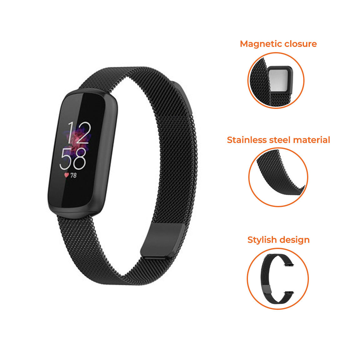 Schwarzer Fitnesstracker mit Zeitanzeige und Mesh-Armband. Details zu Magnetverschluss, Edelstahlmaterial und stilvollem Design.