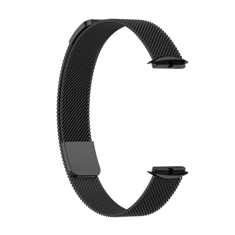 Ein schwarzes Uhrenarmband in C-Form, aus einem Netzmaterial. Es hat zwei schwarze Verschlüsse an den Enden zur Befestigung.
