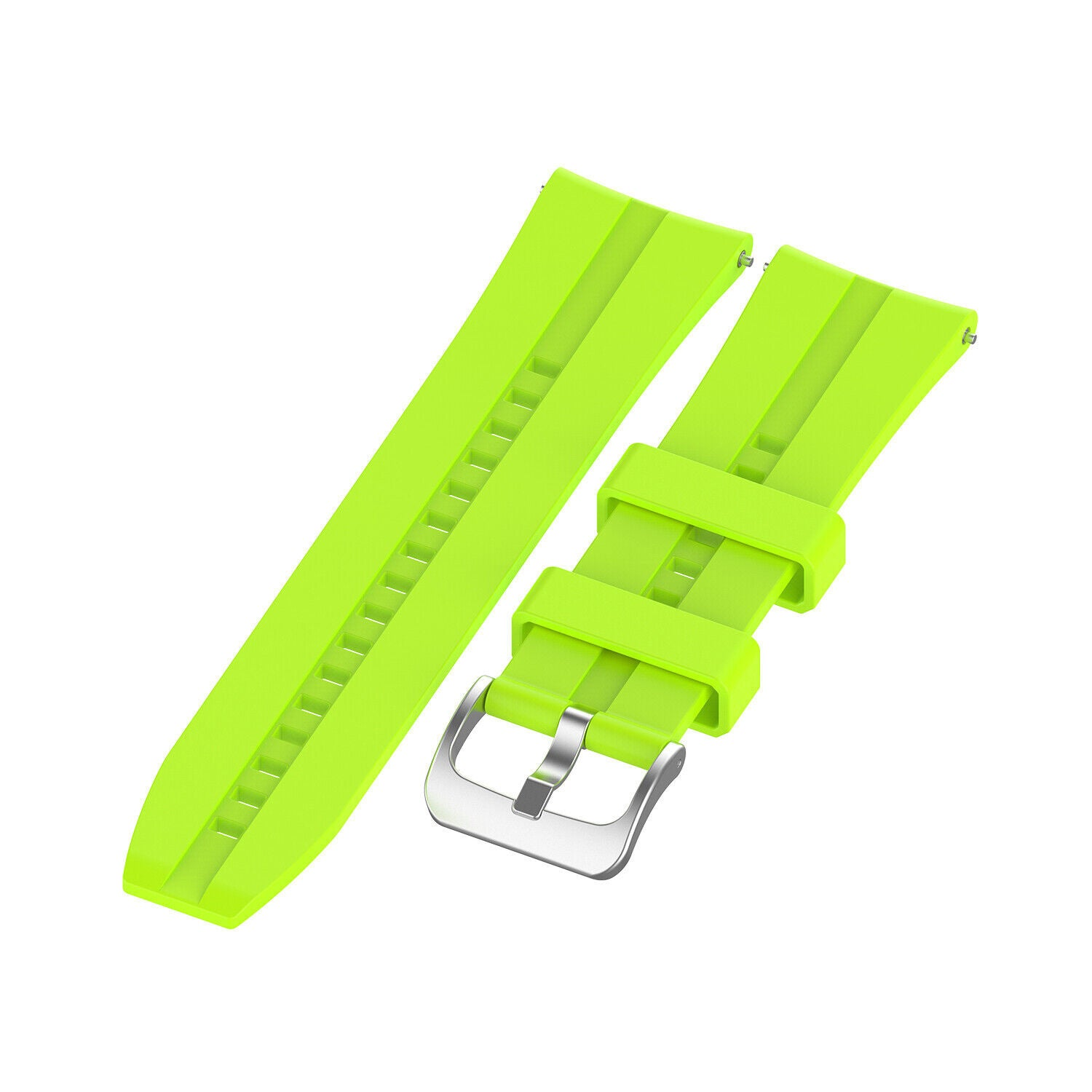 Hellgrünes Uhrenarmband mit silberner Schnalle. Zwei Teile sind getrennt, eines länger, eines kürzer mit Schnalle. Weißer Hintergrund.