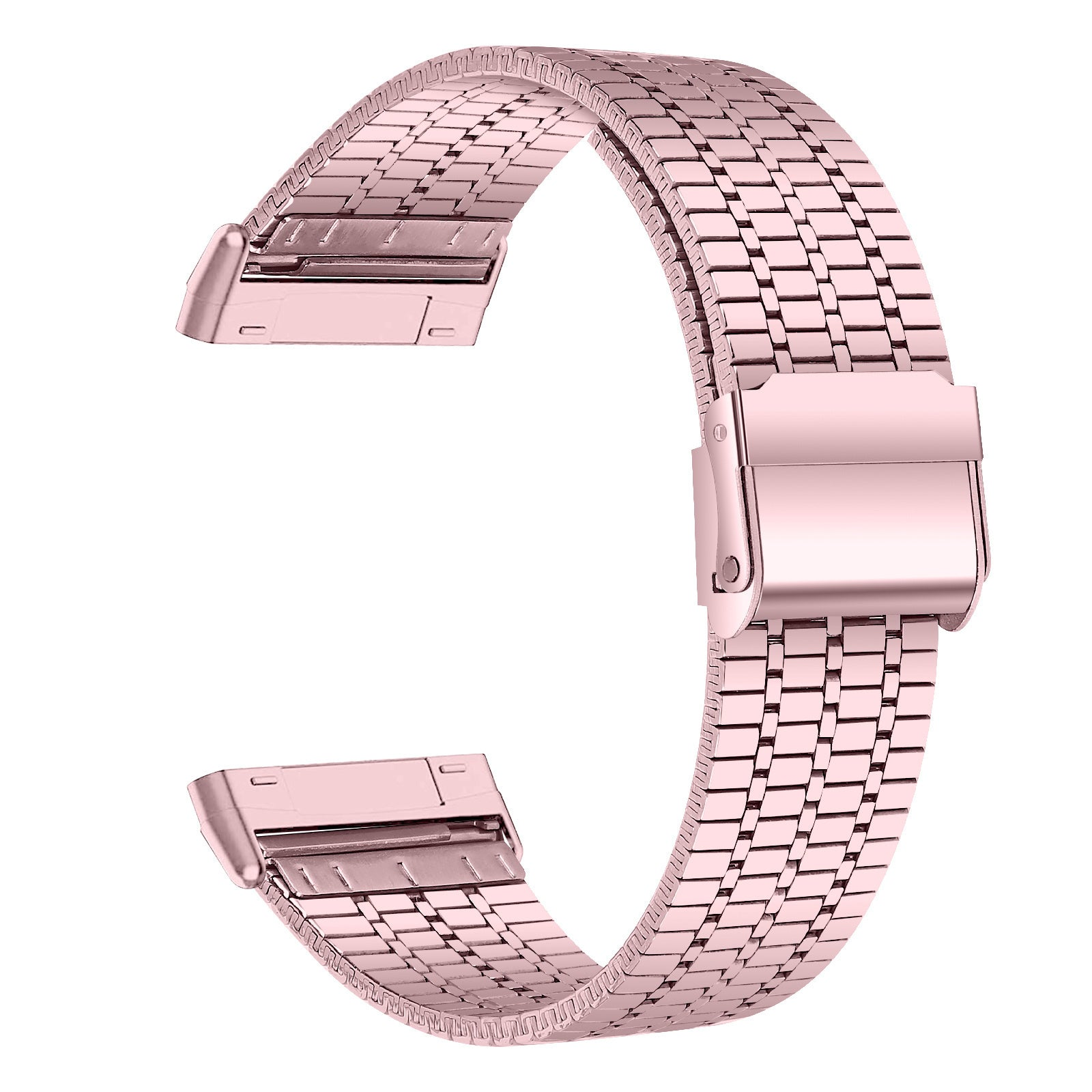 Ein roségoldenes Uhrenarmband liegt auf weißem Hintergrund. Das Band besteht aus kleinen rechteckigen Gliedern.