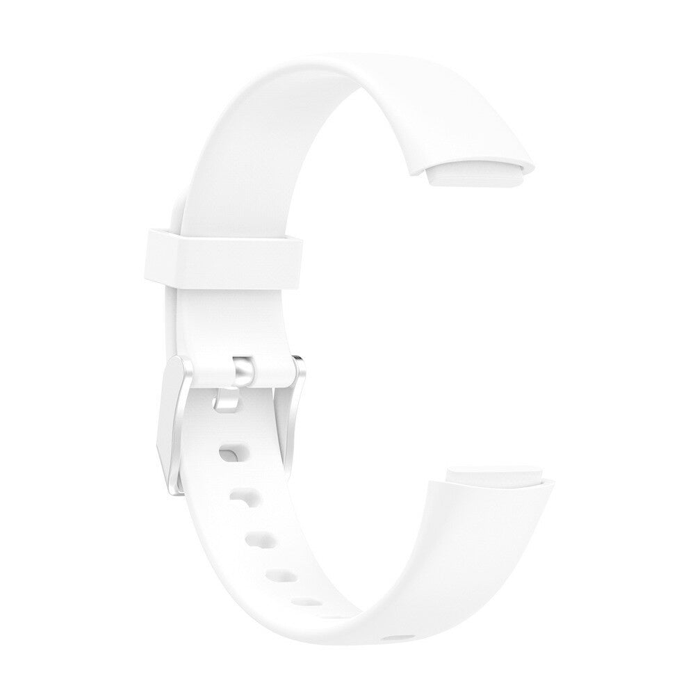 Ein weißes Uhrenarmband. Das Armband ist gebogen, mit einer Schnalle und einer Reihe von Löchern. Der Hintergrund ist weiß.