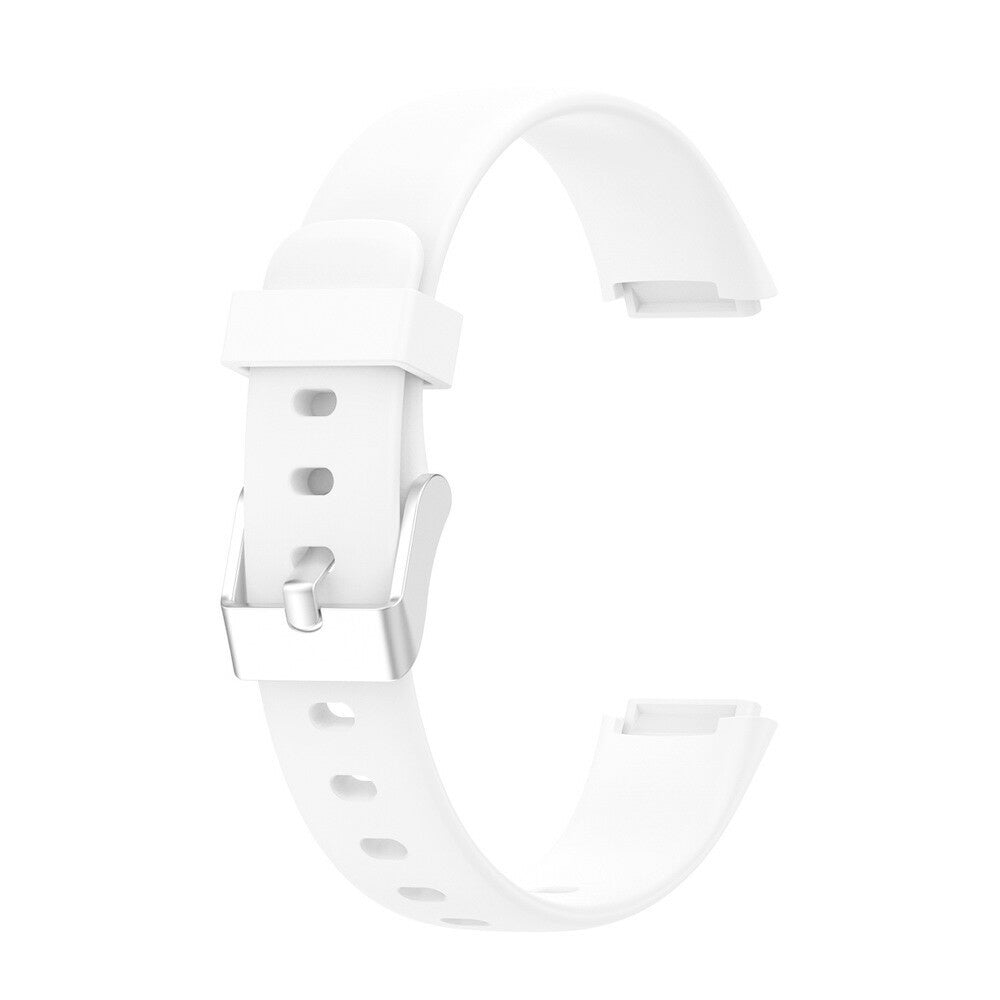 Ein weißes Uhrenarmband mit silberner Schnalle. Das Band hat Löcher zur Einstellung und ist gebogen. Der Hintergrund ist weiß.