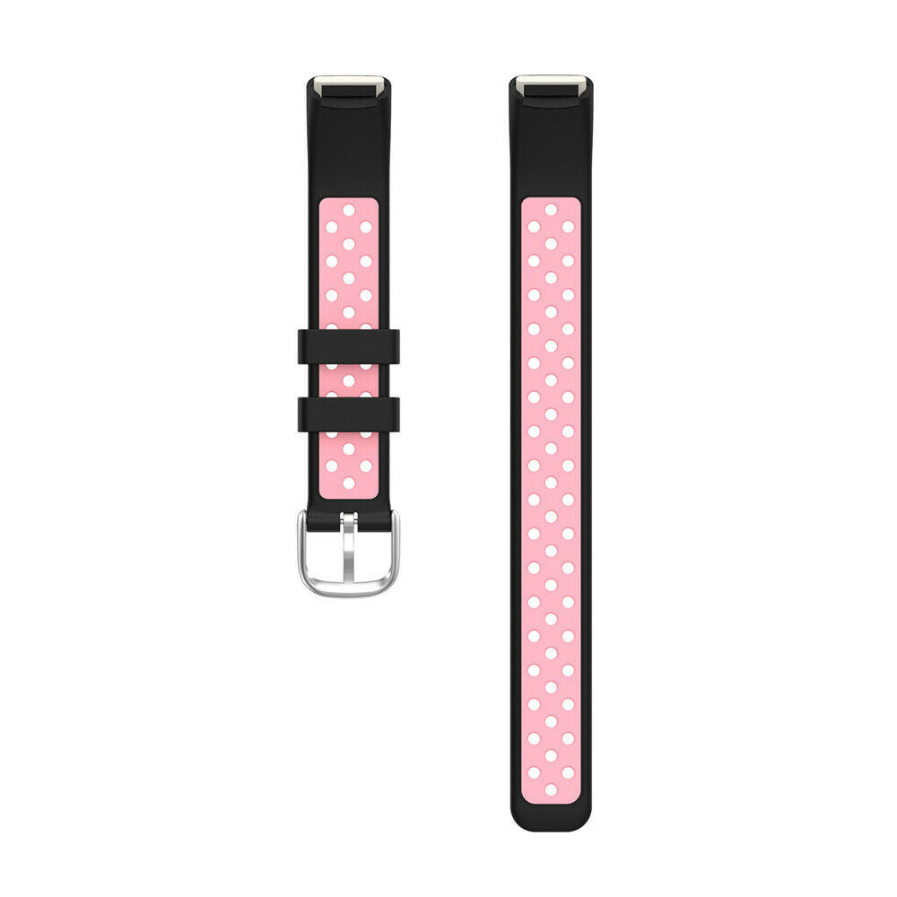 Zwei schwarze Uhrenarmbänder mit rosa Tupfen. Eines hat eine Schnalle, das andere ist schlicht. Beide vor weißem Hintergrund.