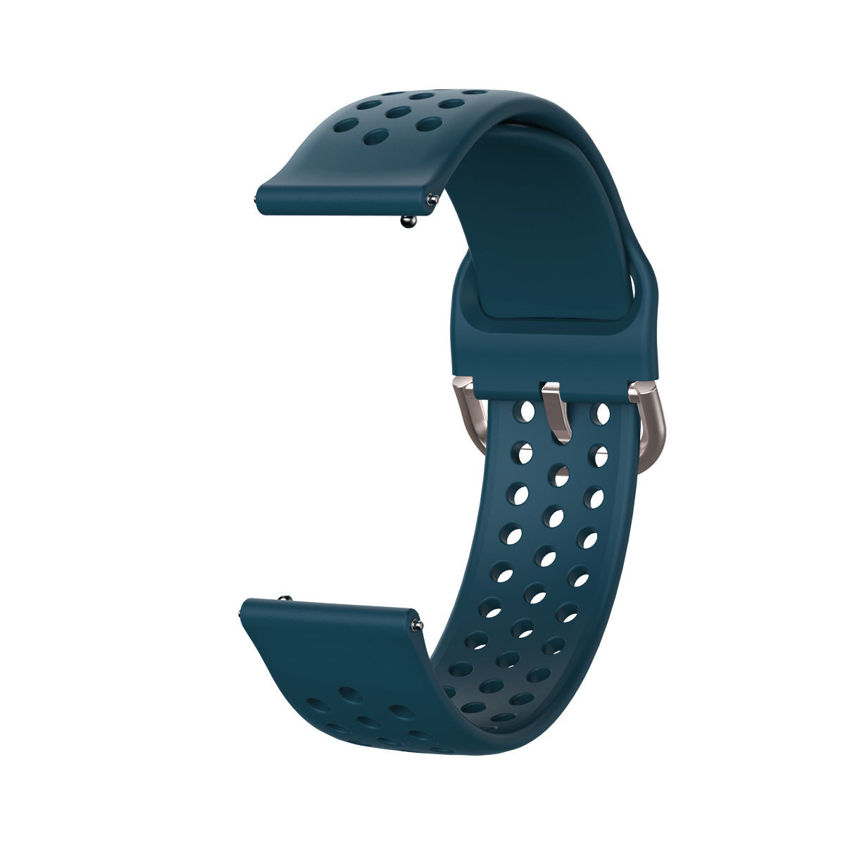 Ein türkisfarbenes Uhrenarmband vor weißem Hintergrund. Das Armband hat mehrere Löcher und Metallverschlüsse zur Befestigung.