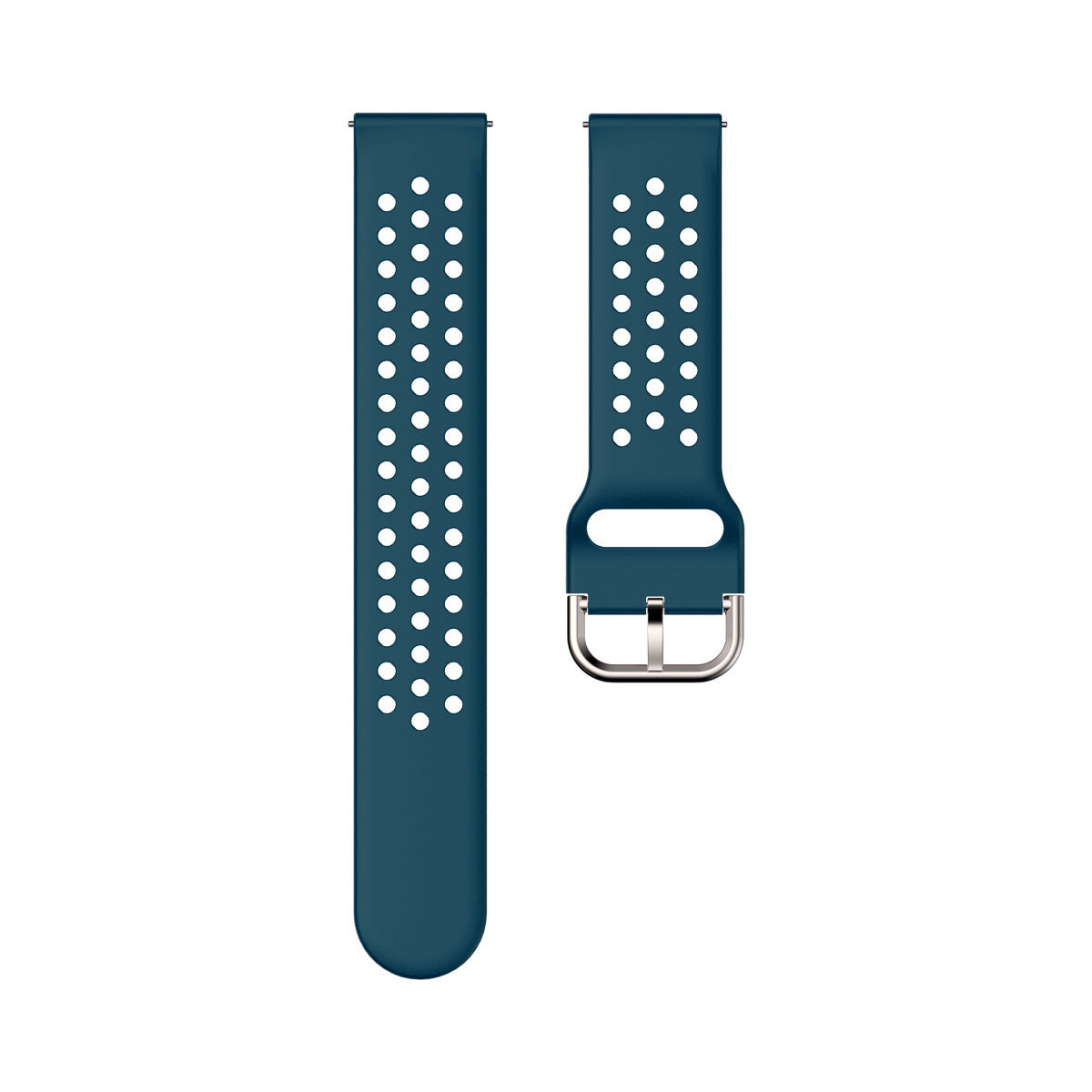 Zwei tealfarbene Uhrenarmbänder mit weißen Perforationen. Eines hat eine silberne Schnalle. Beide sind auf weißem Hintergrund.