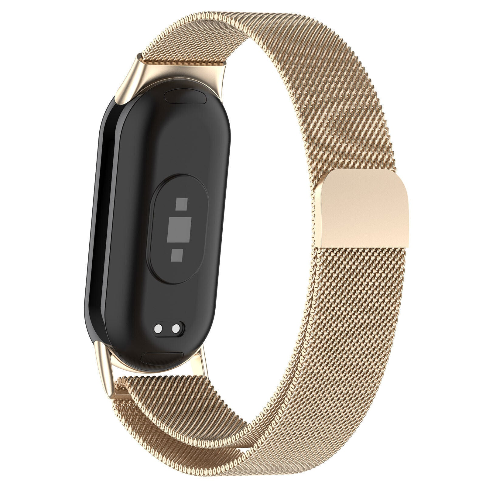 Eine schwarze Smartwatch mit einem goldfarbenen Metallgeflechtband wird auf weißem Hintergrund gezeigt.