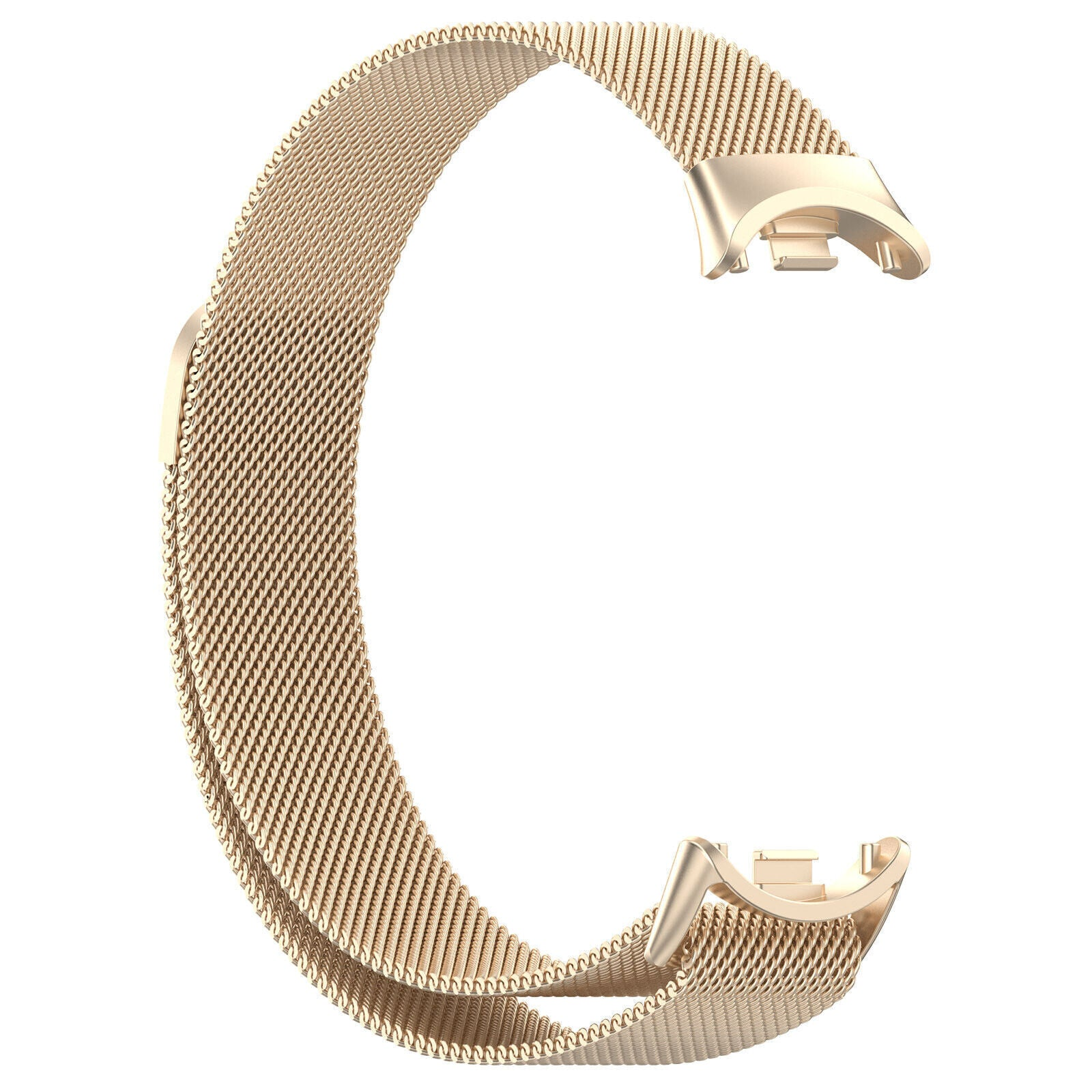 Goldfarbenes Uhrenarmband im Mesh-Stil. Das Band bildet eine C-Form, mit Verschlussdetails an beiden Enden, auf weißem Hintergrund.