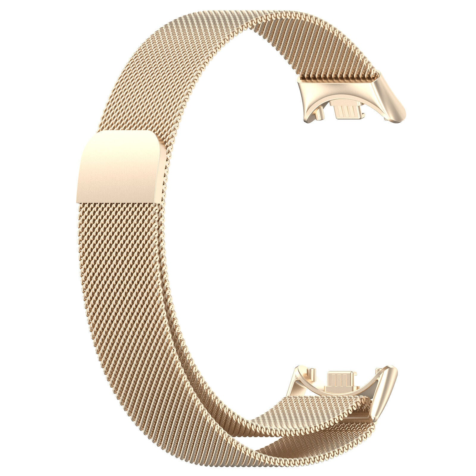 Ein goldfarbenes Uhrenarmband aus feinem Netzgewebe ist vor weißem Hintergrund gebogen. Das Armband hat zwei Befestigungspunkte.