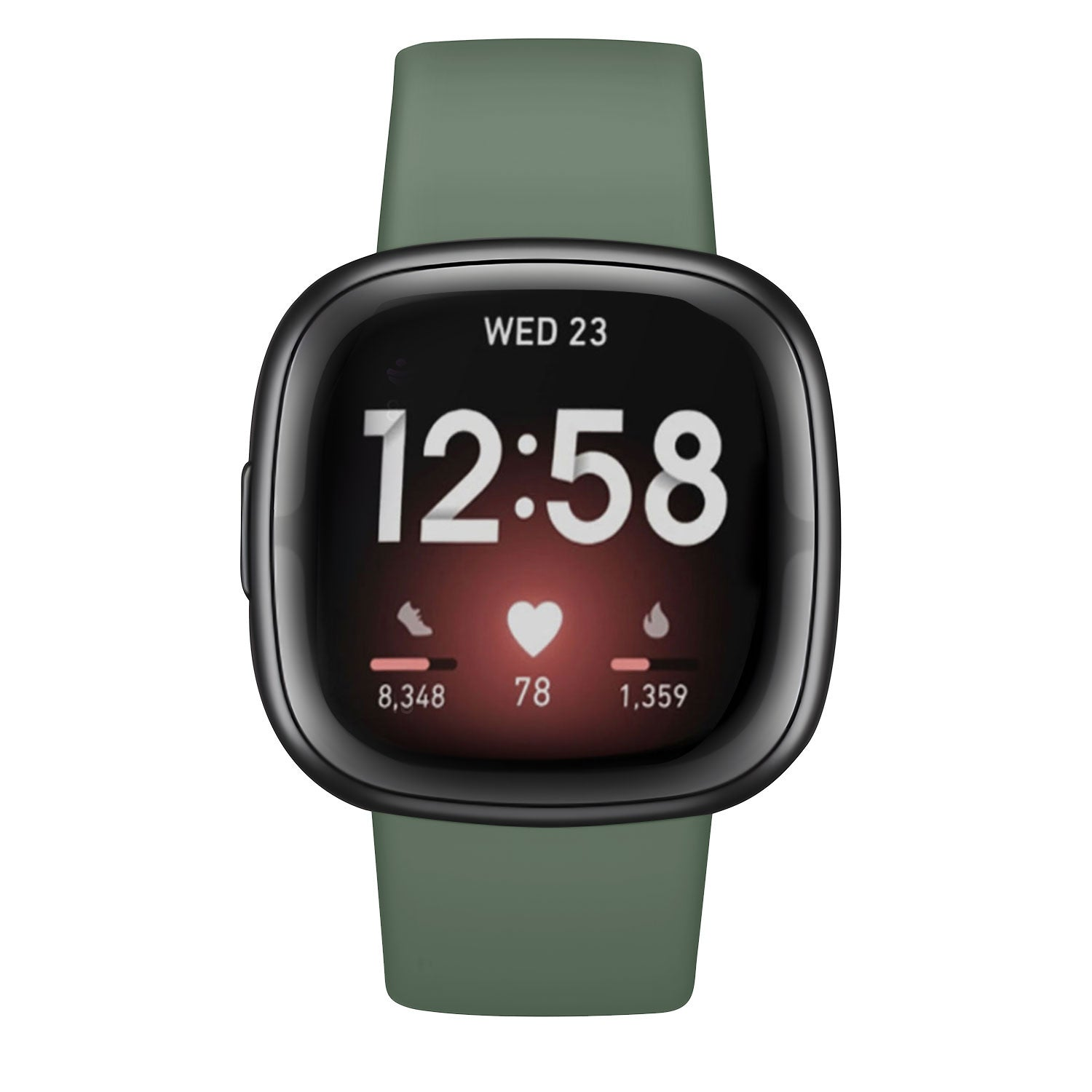 Eine grüne Smartwatch zeigt Uhrzeit, Datum und Aktivitätsmetriken an. Das Zifferblatt zeigt die Uhrzeit 12:58 und andere Gesundheitsdaten.
