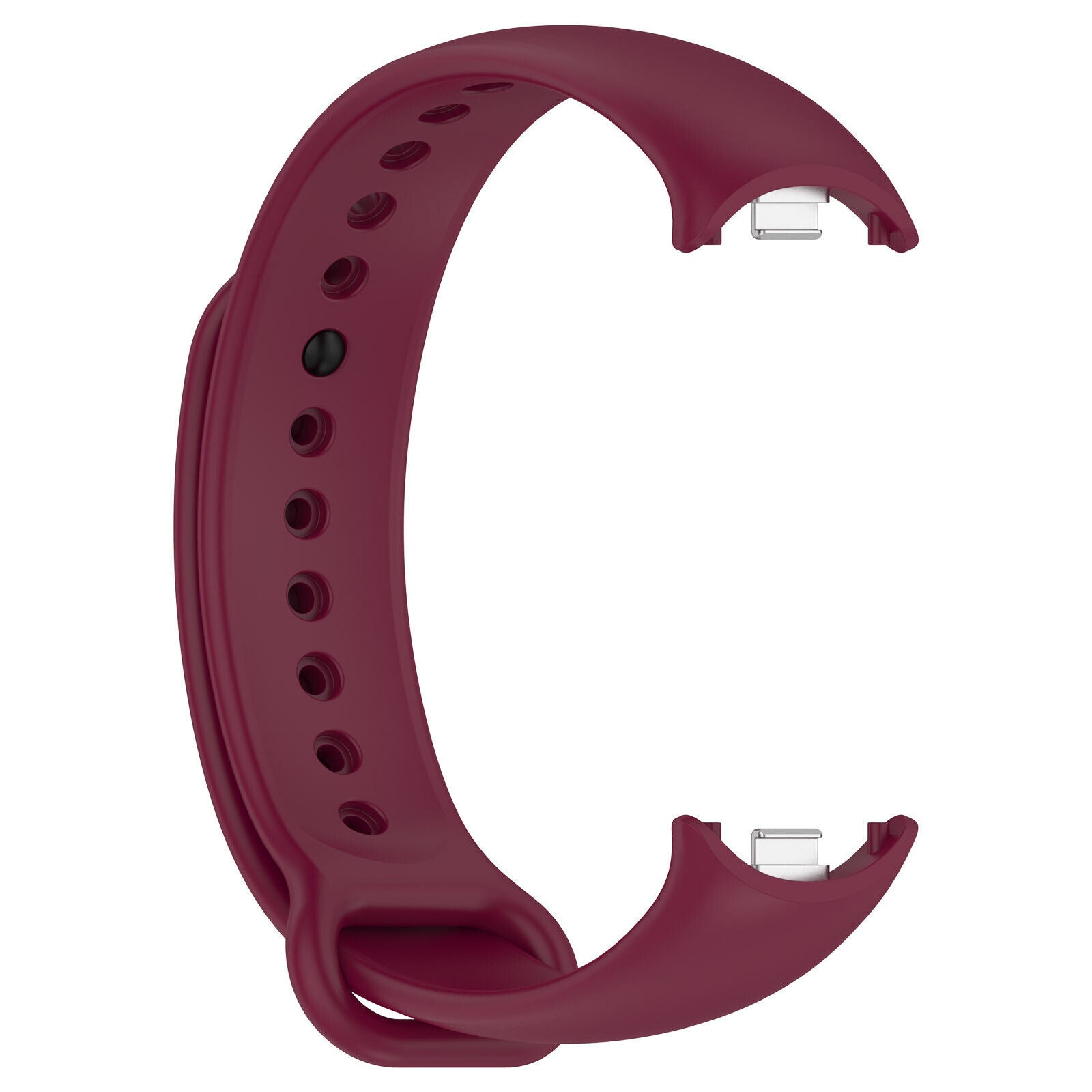 Ein weinrotes Smartwatch-Armband, gebogen, mit Löchern zur Anpassung und Metallanschlüssen an jedem Ende, isoliert auf weißem Hintergrund.