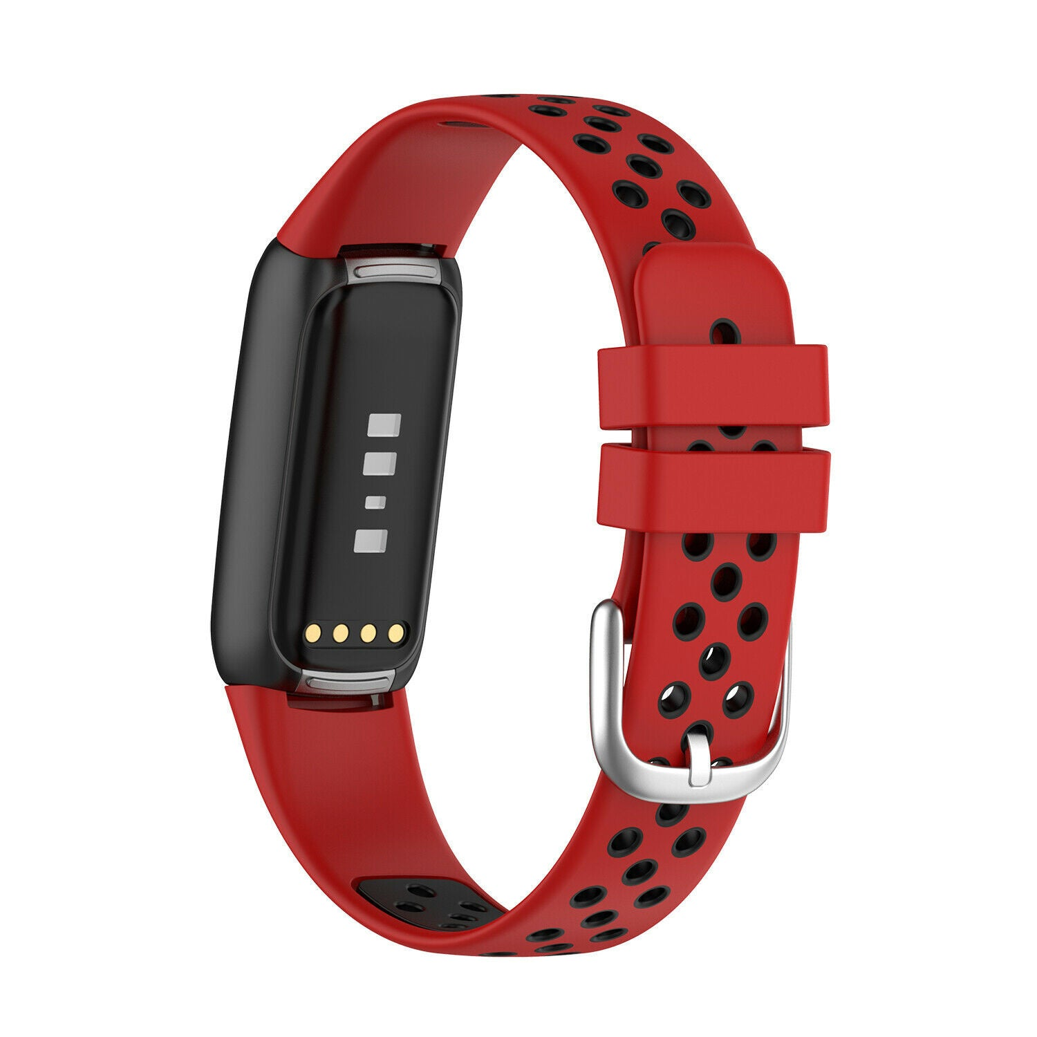 Eine rote Fitness-Tracker-Uhr. Die Uhr hat einen schwarzen Bildschirm und ein rotes Armband mit schwarzen Löchern. Eine silberne Schnalle ist sichtbar.