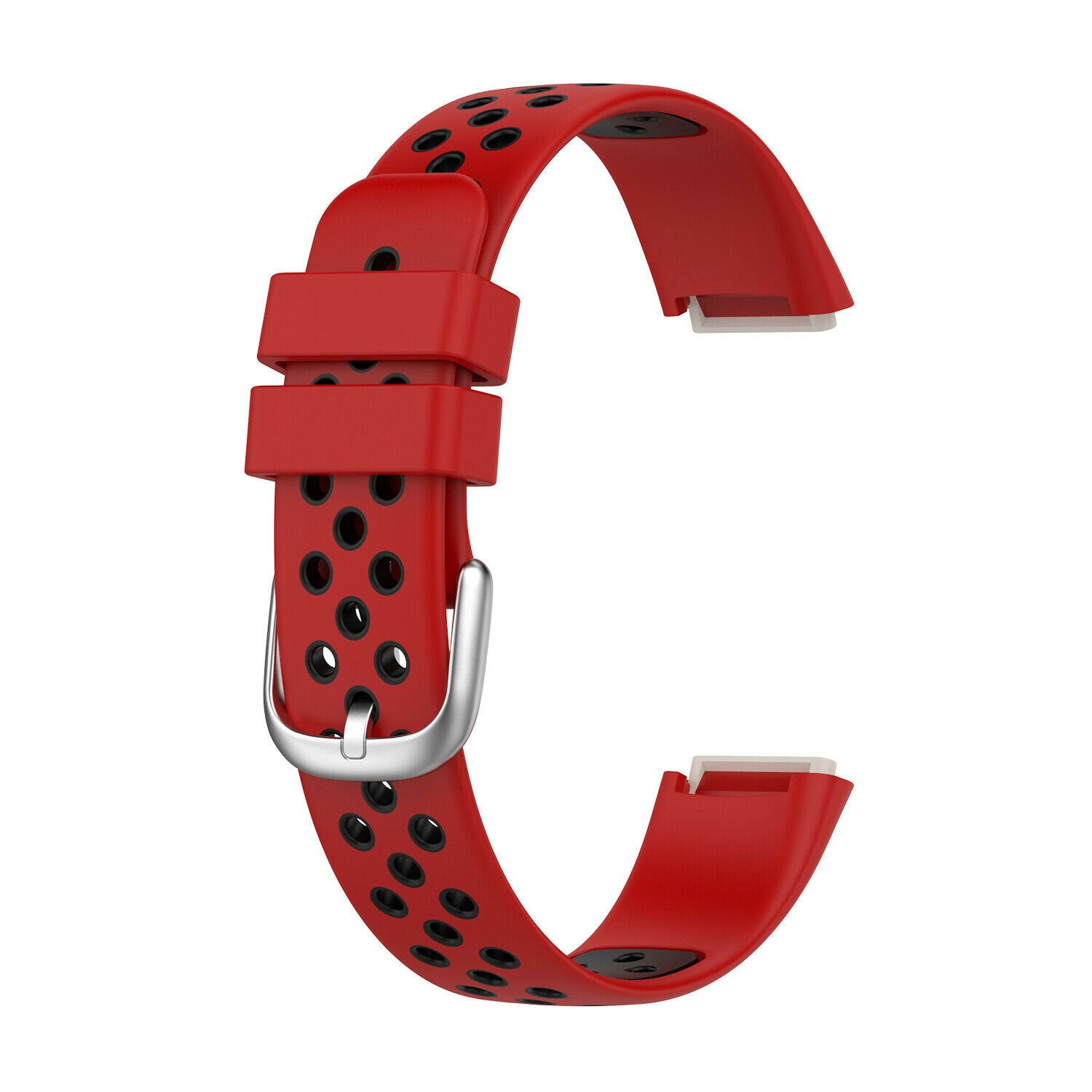 Ein rotes Uhrenarmband mit schwarzen Perforationen und einer silbernen Schnalle. Das Band ist gekrümmt und zeigt seine Form und sein Design. Weißer Hintergrund.
