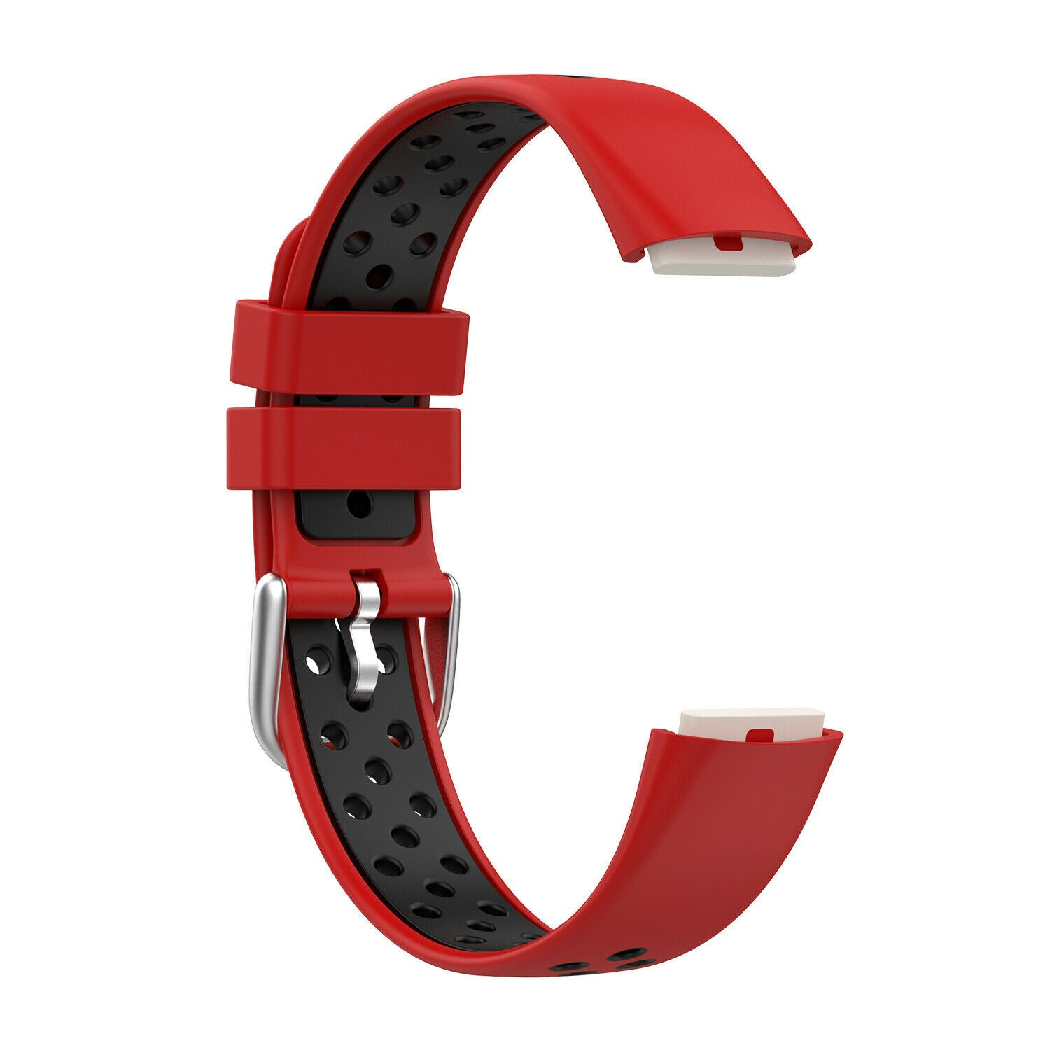 Rotes und schwarzes Smartwatch-Armband mit silberner Schnalle. Das Armband hat ein gebogenes Design mit einem weißen Anschluss an jedem Ende.